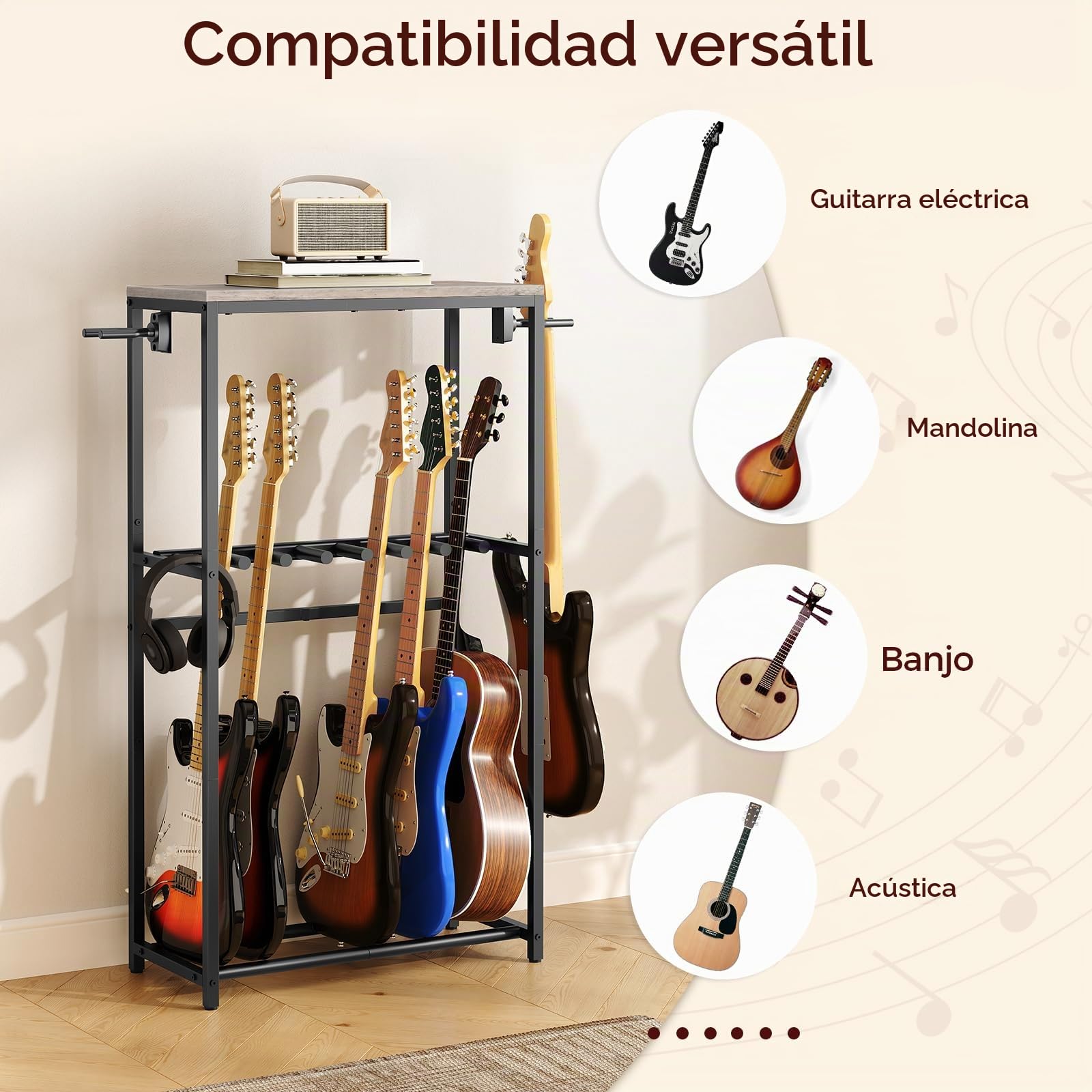 MAHANCRIS Soporte de Guitarra, Estantería para 7 Guitarras de Dos Niveles, para Guitarra Acústica, Guitarra Eléctrica, Bajo, Ukelele, Banjo, Revestimiento Protector de EVA, Gris AGSHG6701