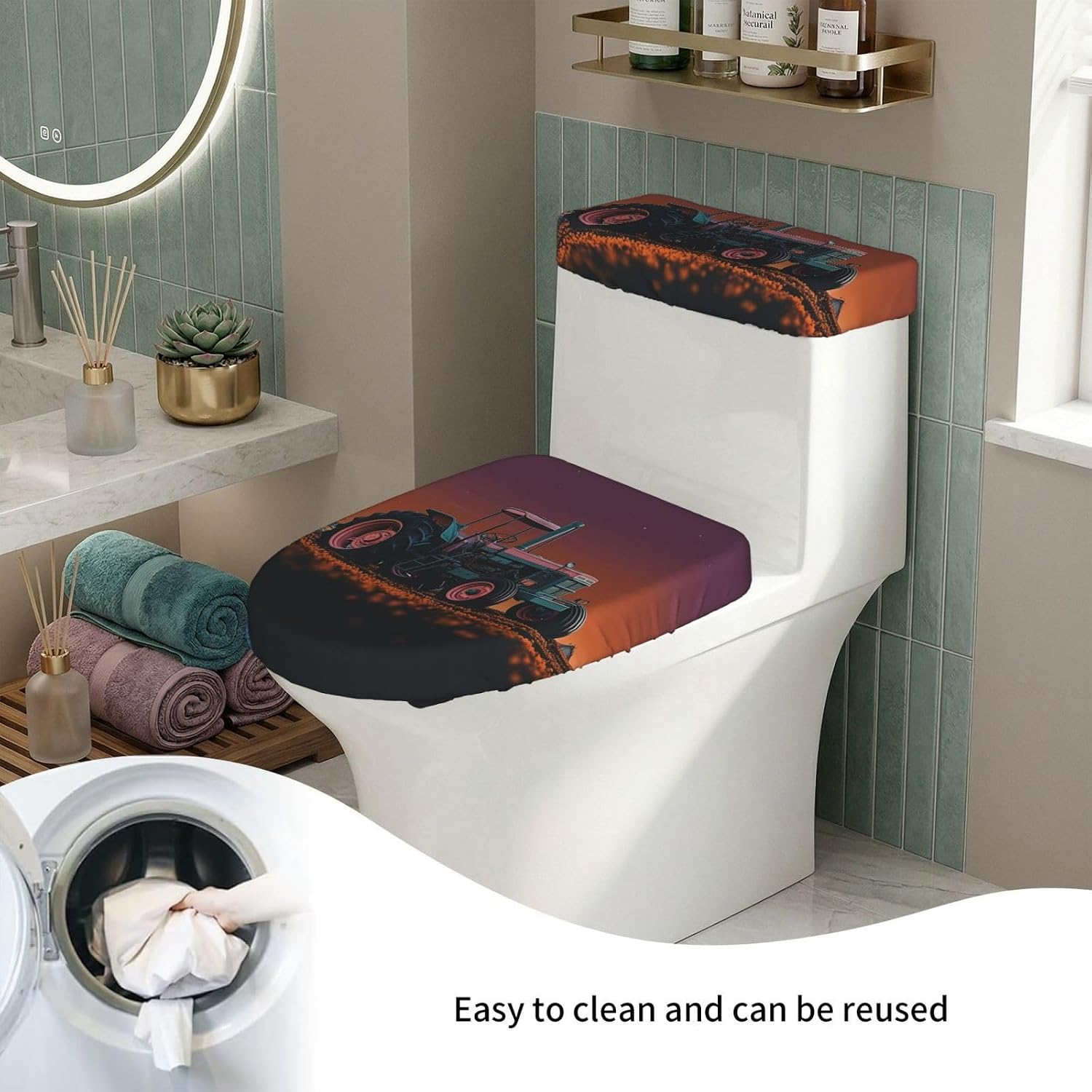 2 Pcs Toilet Lid Cover and Toilet Tank Lid Cover, Washable Toilet Cover with Elastic Bottom Replacement Soft Stretch Toilet Seat Cover Set Aesthetic tractor Bathroom Decor image 5