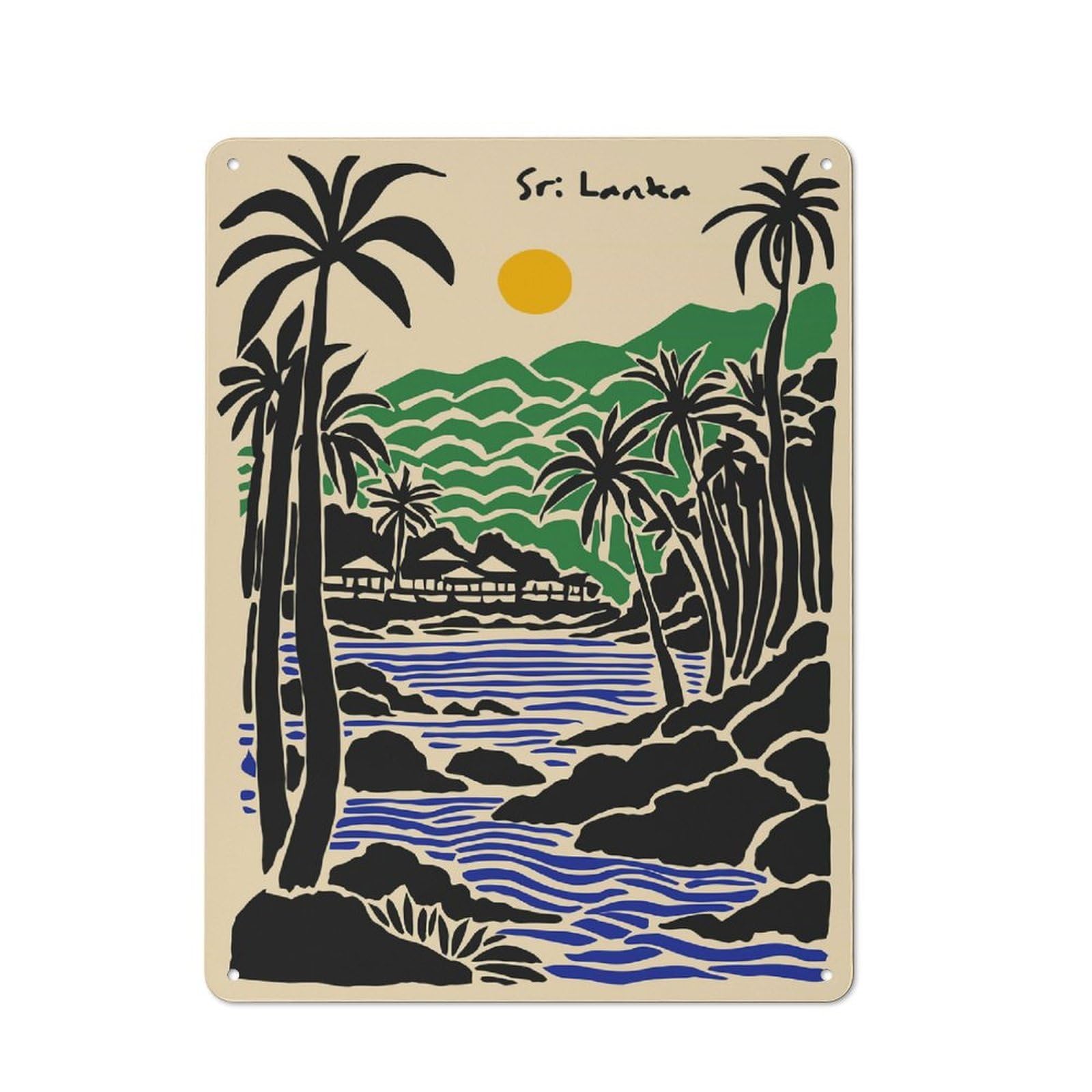 Junmoney Style-19 Tin Sign 40X30cm With Sri Lanka Tropical Landscape Illustration For Workshop Wall, Rustic Decor, Suited To Workshop Decor Fans