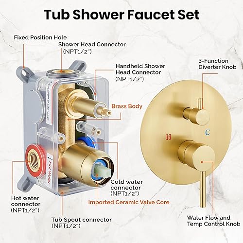Miniatura 40 de Airuida Juego de sistema de ducha redondo con boquilla de bañera, montaje en pared, juego de grifo de ducha de lluvia de 3 funciones, 2 funciones