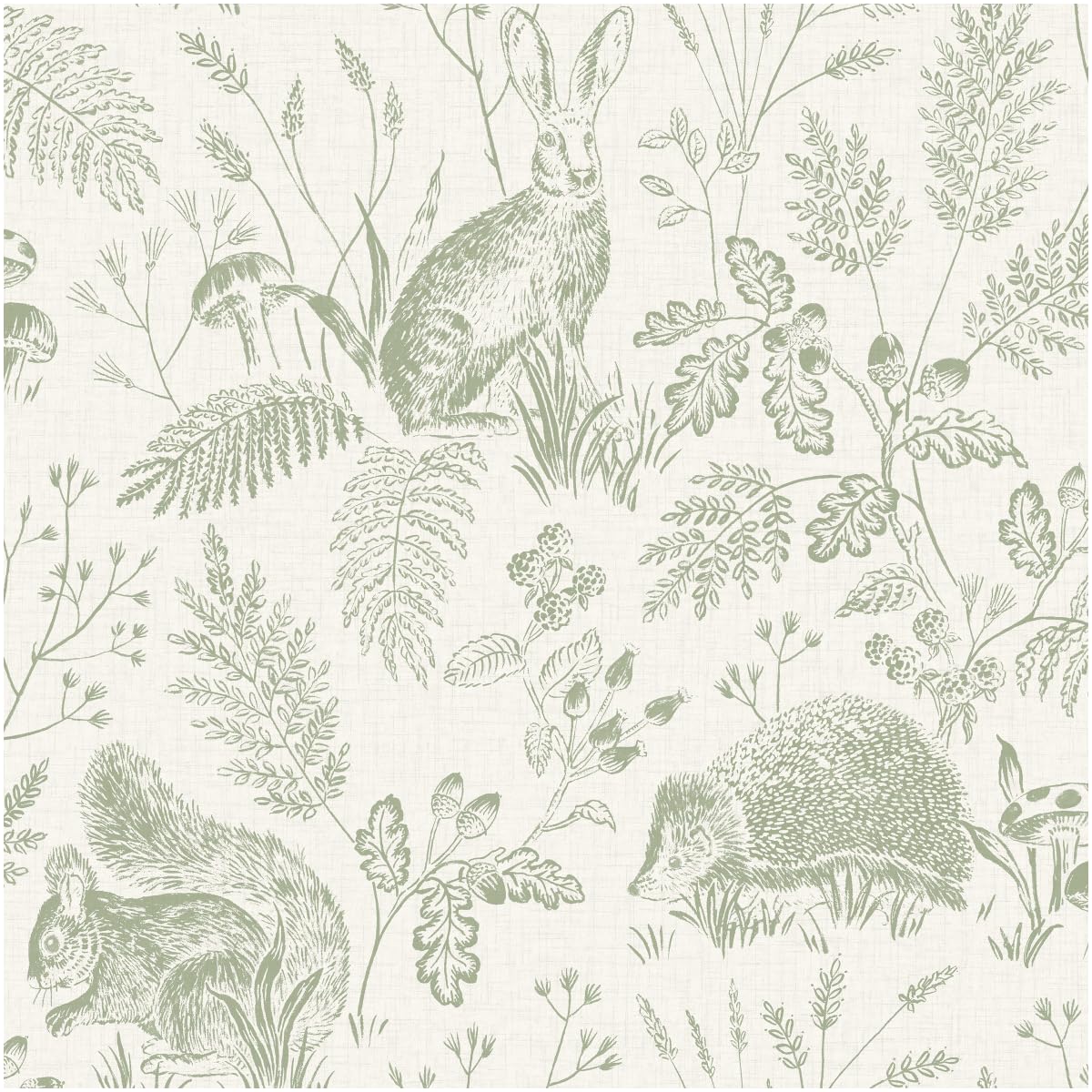 Woodland Animals Wallpaper Sage Greem Nature Forest Animal with Hare Hedgehog Squirrel Botanical Leaf Pattern Rustic Country Style Feature Wall for Living Room Bedroom Hallway Decor