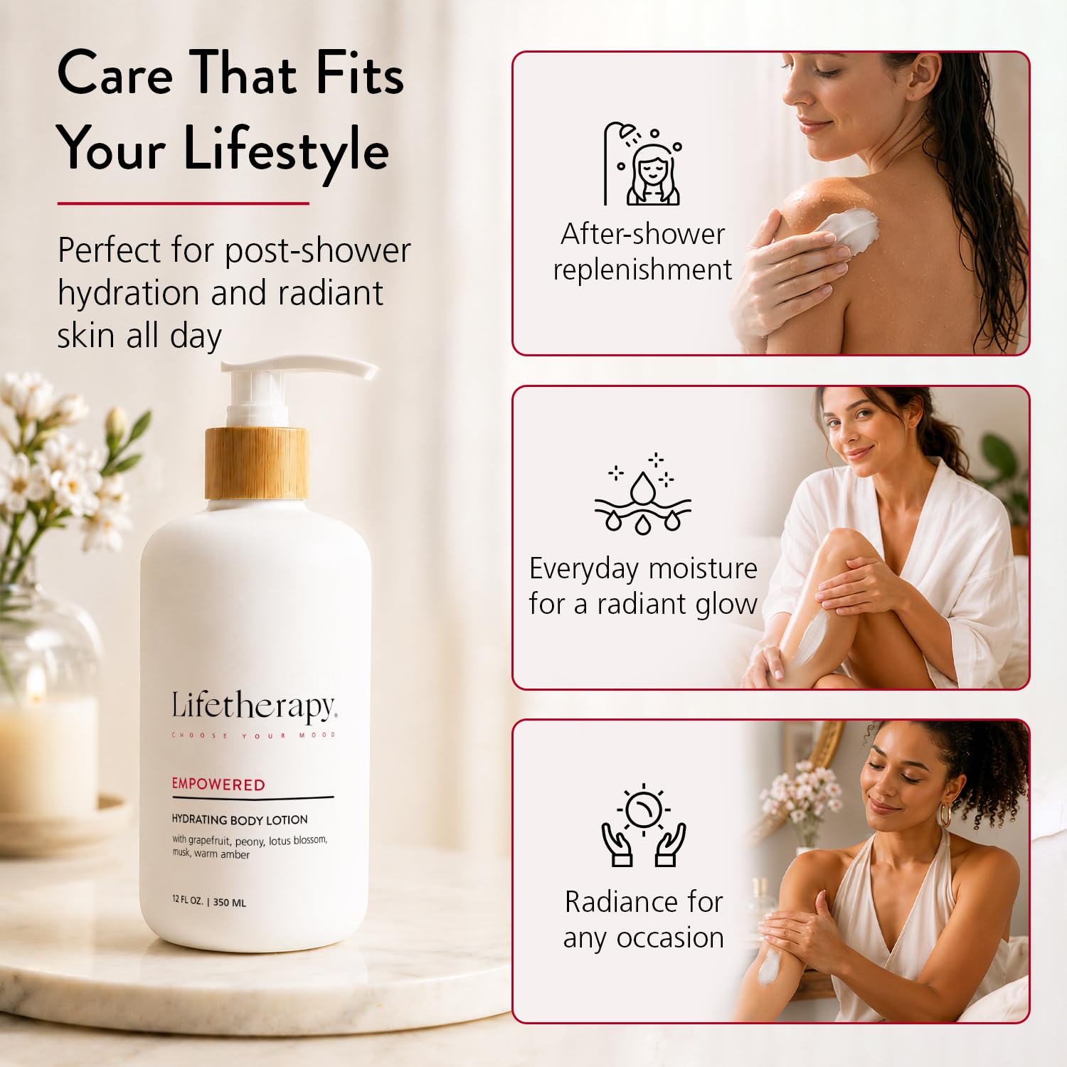 Lifetherapy Body Lotion for Dry & Sensitive Skin, Hydrating Lightweight Non-Greasy Moisturizer, Vegan Gluten Free Clean Beauty, Empowered Fragrance, Daily Use for Women & Men 12oz