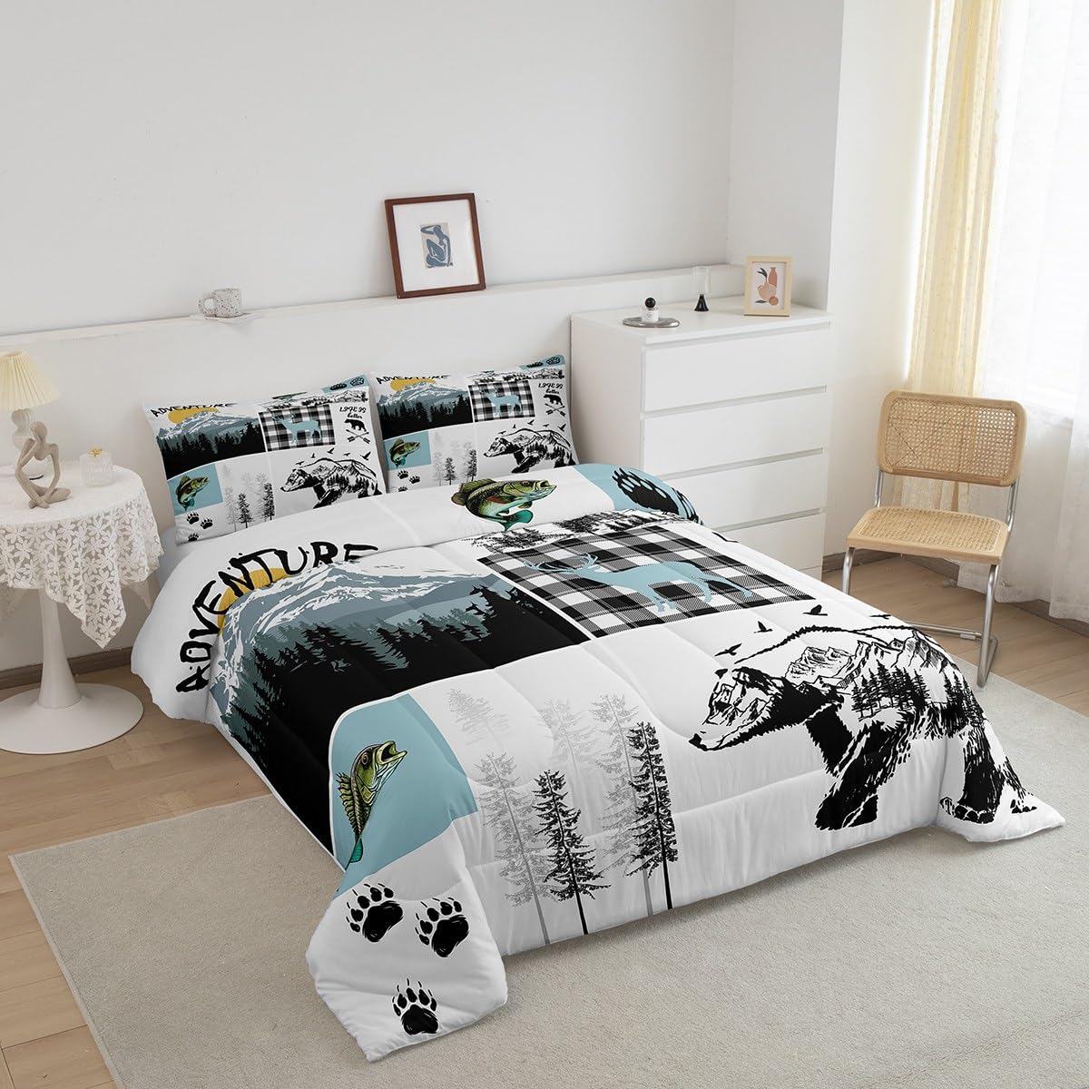 Set di biancheria da letto per letto queen size, motivo: capanna con orso, caccia, pesca, spigola, pesce, rustico, con motivo a quadri, per adolescenti, ragazzi, adulti, uomini, animali selvatici, 2