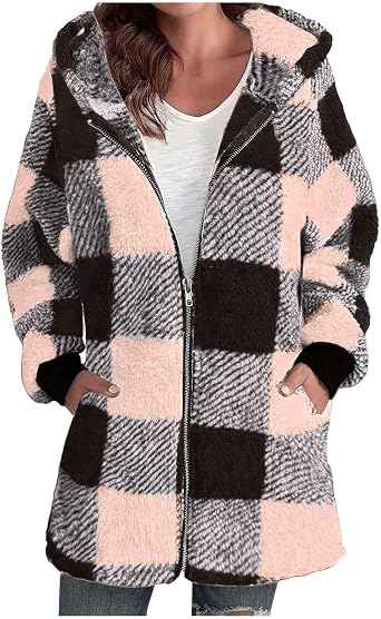Womens Fleece Plaid Coat Zip up Sherpa Hoodies Jacket with Pockets Long Fuzzy Coats Lightweight Fluffy Fall Outwear