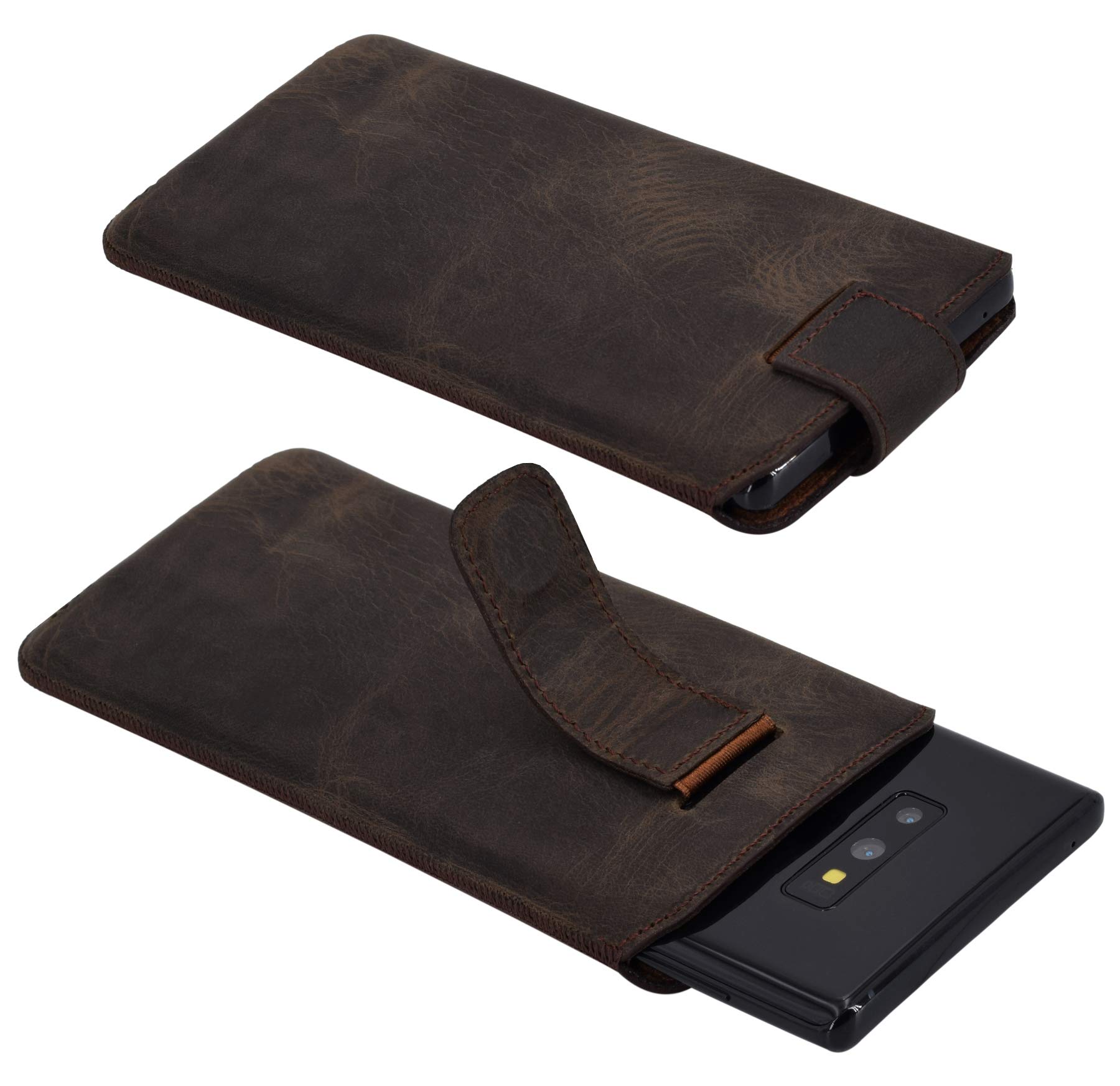 Suncase Custodia In Vera Pelle Per Xiaomi Redmi Note 8 Pro - Marrone Scuro Antico, Con Linguetta Di Estrazione - 2