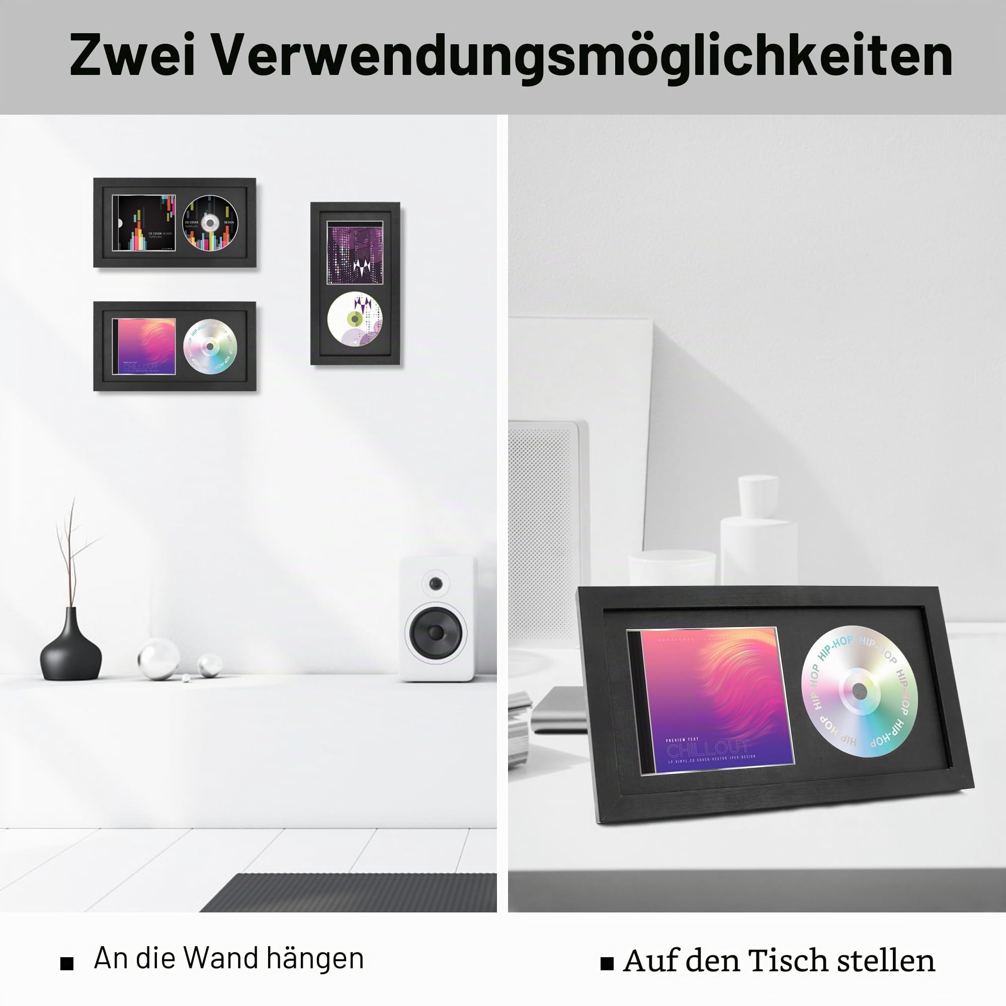 FramePro CD Regal Schaukasten CD Ständer Schrank Aufbewahrung Schaukasten Rahmen Schallplattenregal Schallplatten Aufbewahrung Musikrahmen 36,2x19,61 cm Echtglas Schwarz 2 Stück