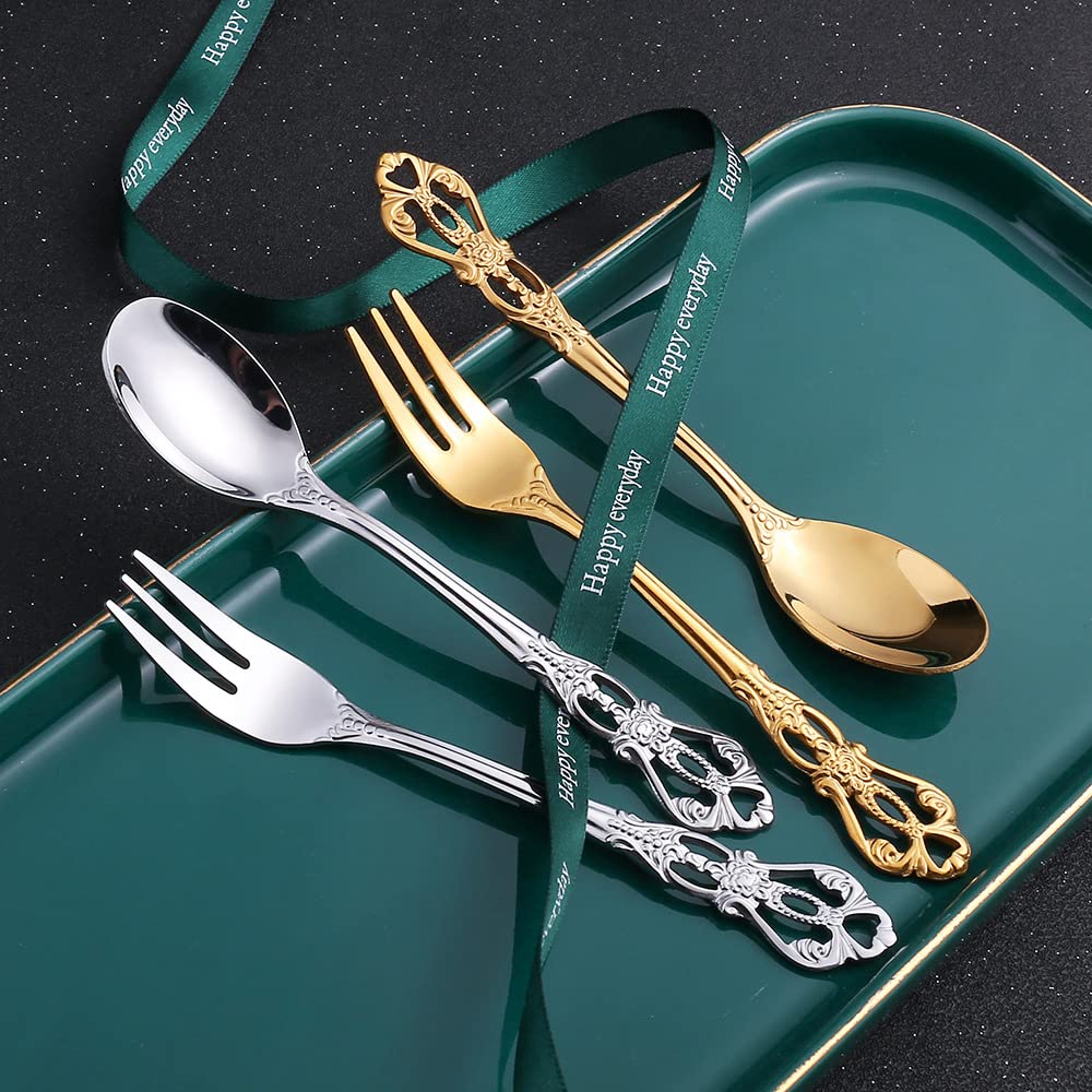 zestaw sztućców, Zestaw sztućców ze srebra, 24 szt. stali nierdzewnej Naczynia obiadowe Western Food Royal Tableware Christmas Fruit Widelce Noże Łyżeczki do kawy(Gold With Fork)