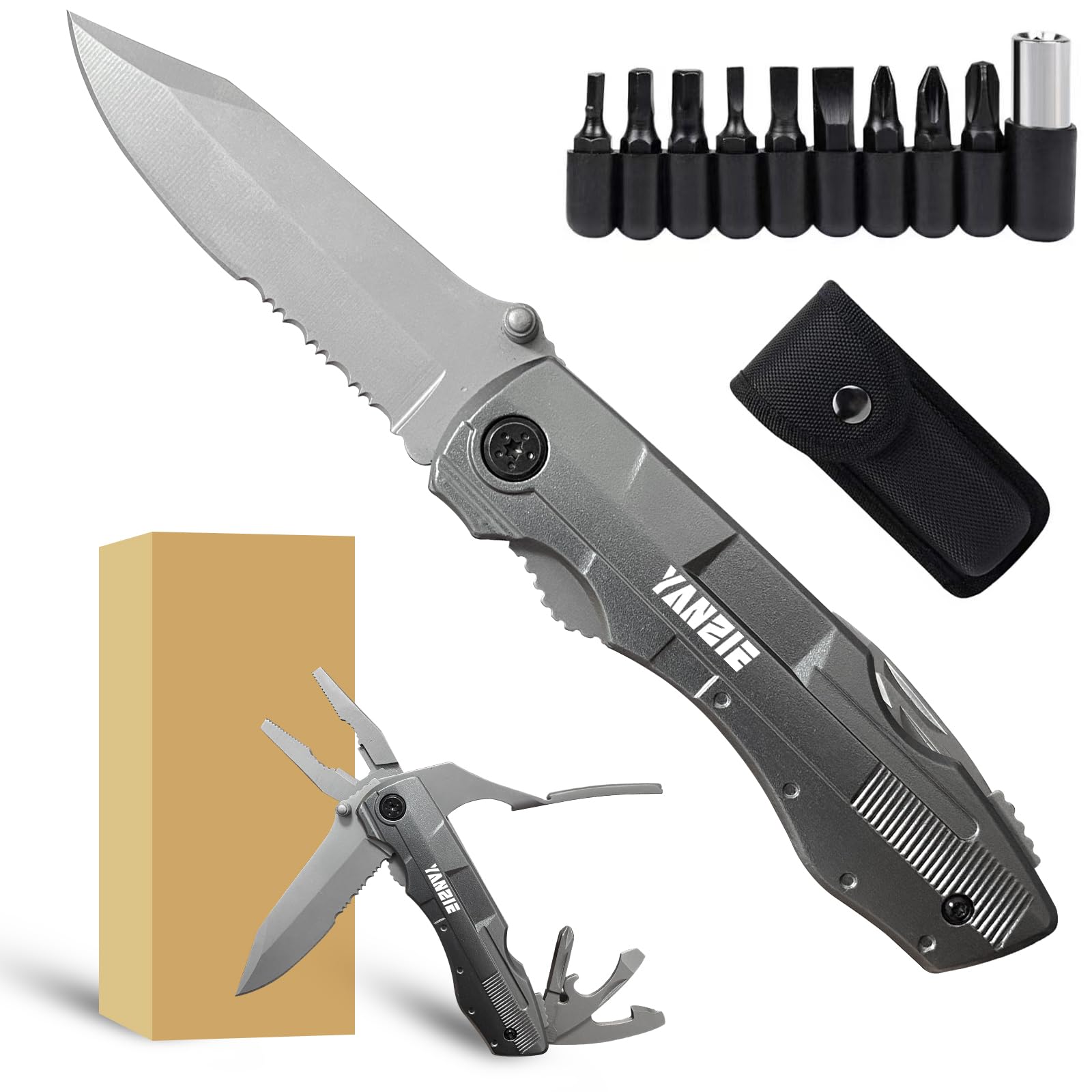Multitool Pocket Knife with Switch Blades, Can Opener, Wire Cutter, Plier Screwdrivers, Fishing Knife for Camping Hunting, Chrismas/Birthday Gifts for Men/Dad/Kids (Silver)
