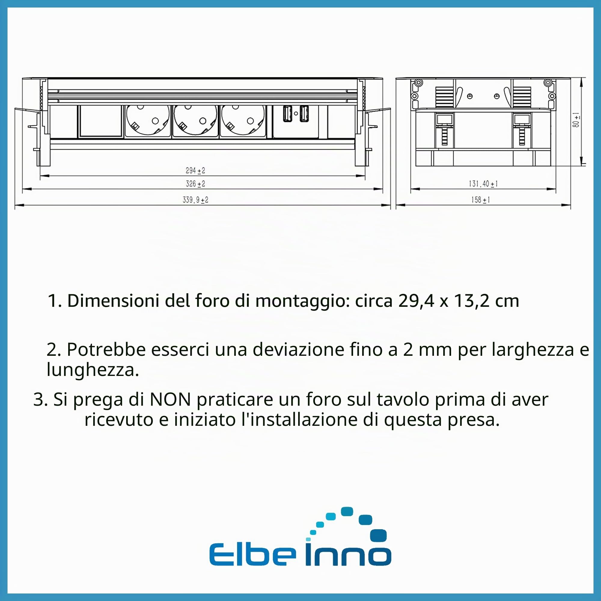 Multipresa a scomparsa da incasso, prese da incasso a scomparsa con 3 prese Schuko, Presa multipla da incasso con 2USB 2.0, Multipresa da incasso per tavolo,scrivania e piani di lavoro EL4403U