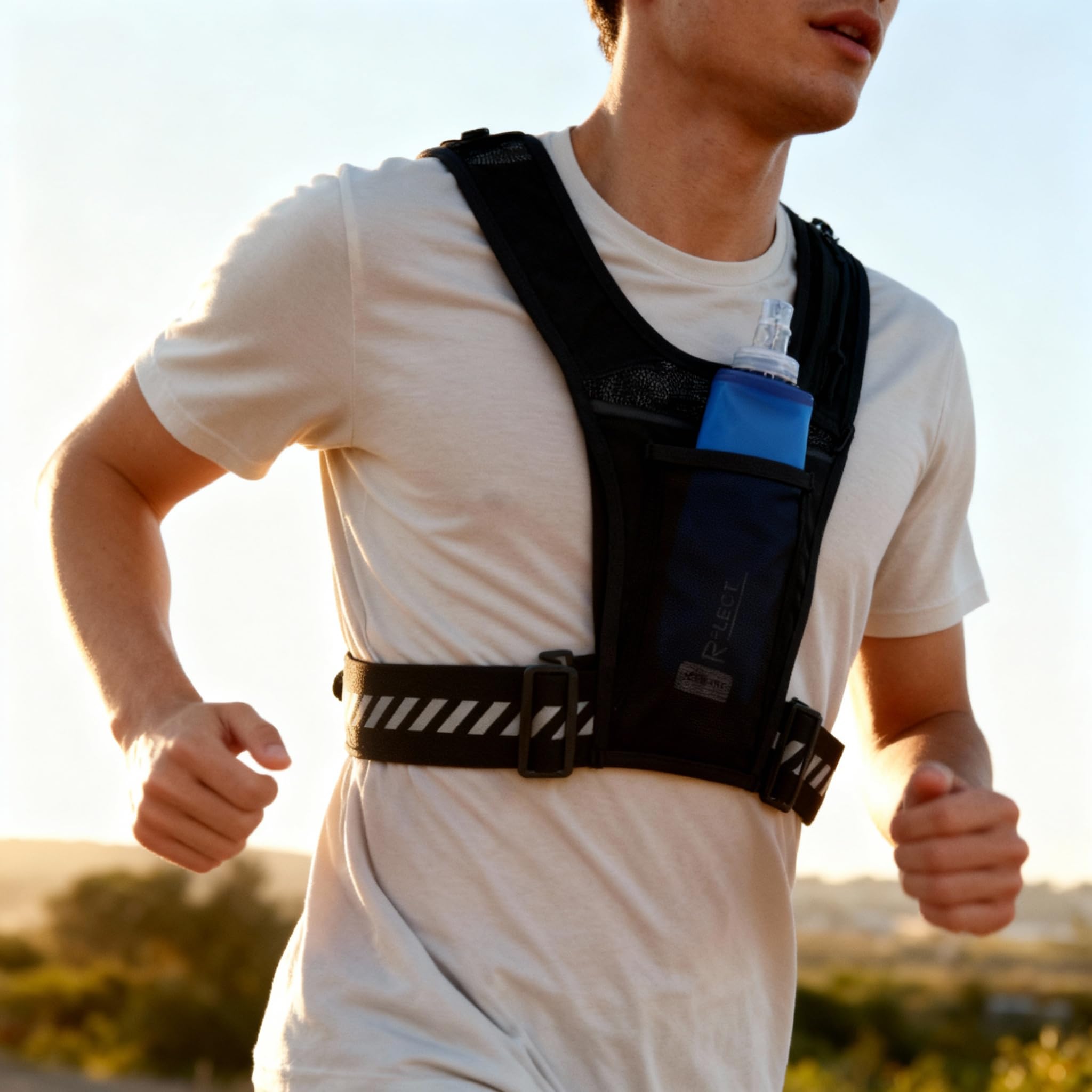 R-FLECT - Gilet de Course à Pied UltraRun20 - Gilet Running Homme/Femme Ultra Léger et Respirant - Sac de Trail Ajustable avec Poches Gourde, Téléphone et Gels - Haute Visibilité - Noir