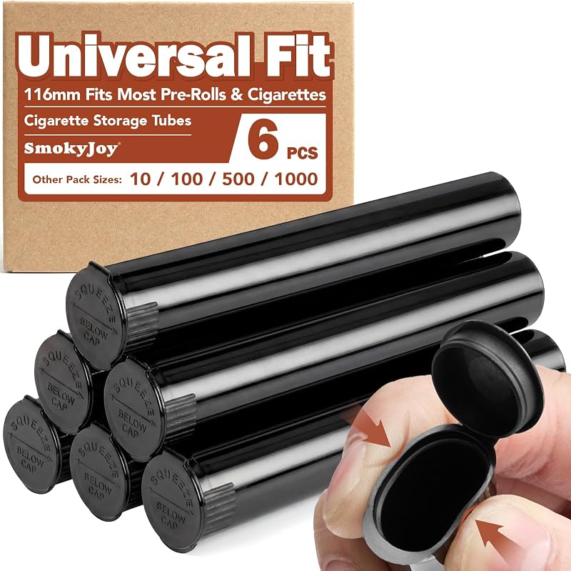 6 Pack Smell Proof Cigarette Holder Cases, King Size Pre Roll Tubes | 116mm Black Plastic Storage Containers, with Squeeze-to-Open Caps and Crack-Resistant Design for Travel and Everyday Storage