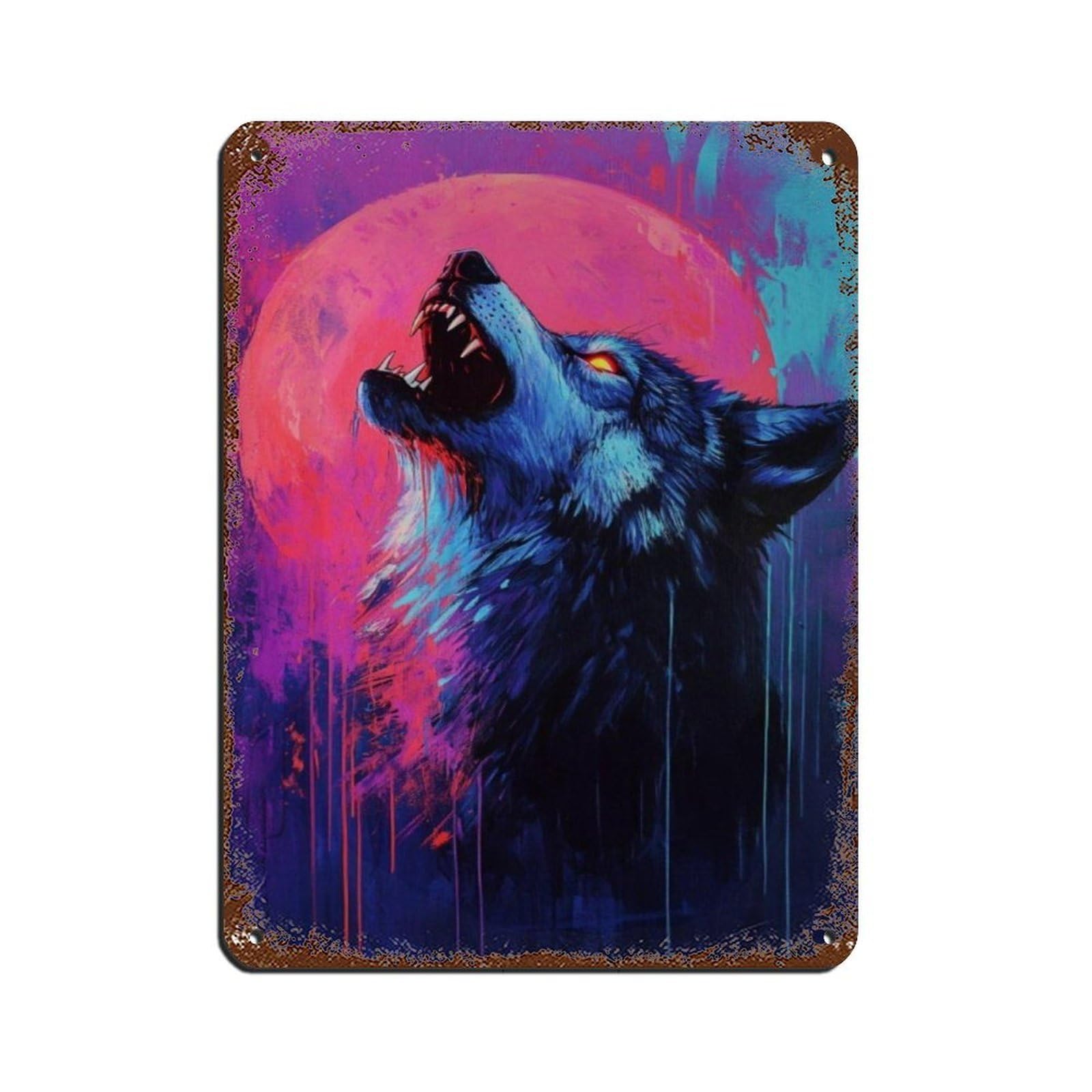 Wolf Howling at Full Moon Retro Poster Metal Tin Sign Chic Art Retro Iron Painting Bar People Cave Cafe Family Garage Poster Wall Decoration 12x16inch(30x40cm)