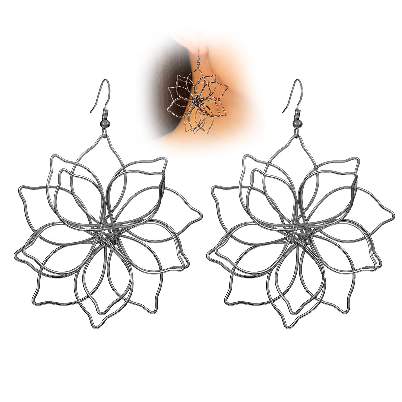 Large Floral Wire Hook Earrings for Women Dainty Gold/Silver/Black Big Flower Dangle Statement Earring Fashion Minimalist Aesthetic Strings Petal