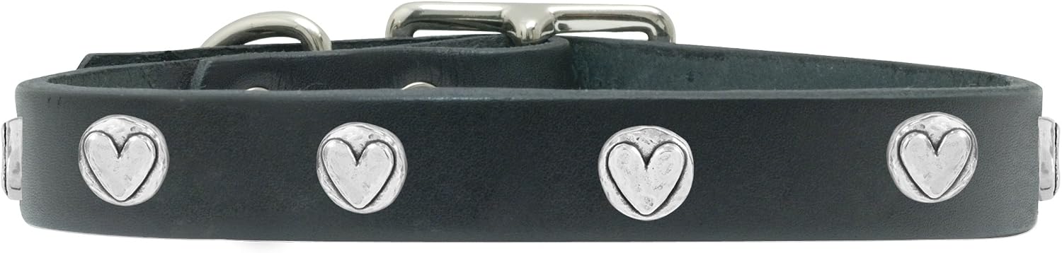 Rockin Doggie Heart Rivet Veg Leather Dog Collar, 1/2 by 10-Inch, Black