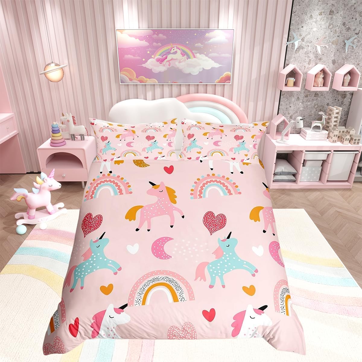 Loussiesd Unicorn Bedding Set Kids Cute Cartoon Unicorns Comforter Cover Set for Girls Pink Duvet Cover Breathable Rainbow Bedspread Cover King Size Zipper with 2 Pillowcases - Image 4