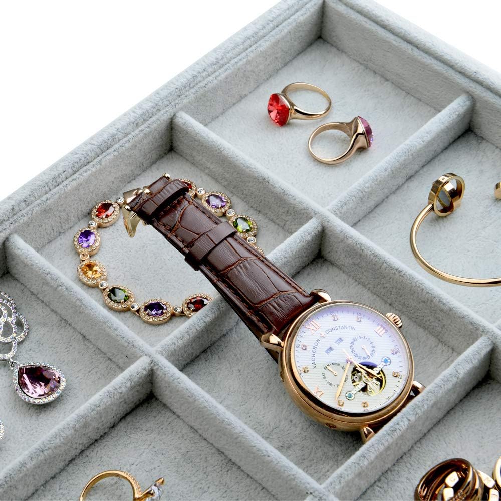Oirlv 2-Pack Stackable Jewelry Tray Organizer Set: 24 Grid Tall Tray (1.58" H) & 12 Grid Low Profile Tray (1.29" H) with Removable Dividers - Velvet Display for Rings, Earrings, Bracelets, Necklaces (