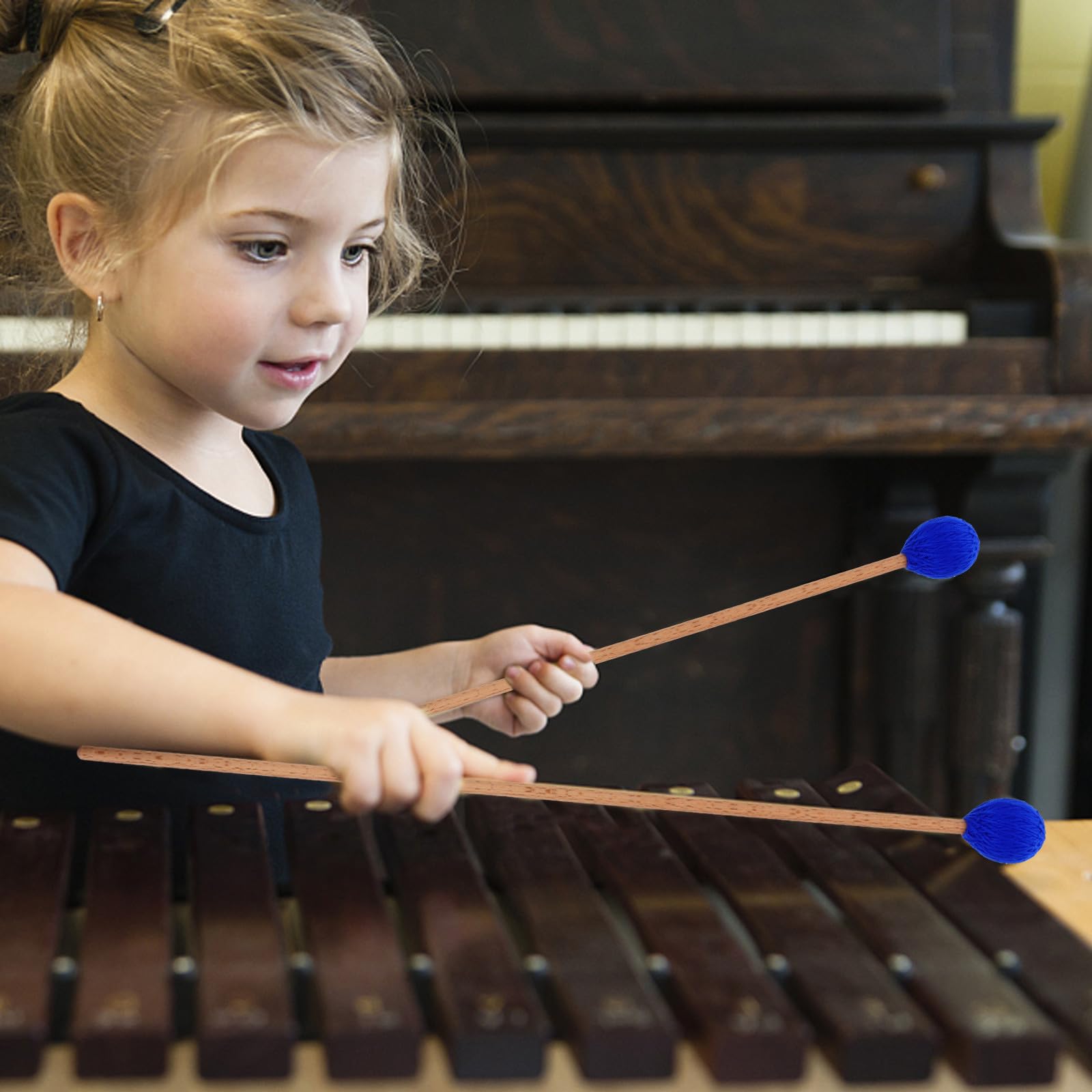 4 Marimba-Schlägel: Garn-Xylophon-Schlägel – Blauer Kopf, Holzgriff, Schlagstockhammer für Marimba, Xylophon und Glockenspiel
