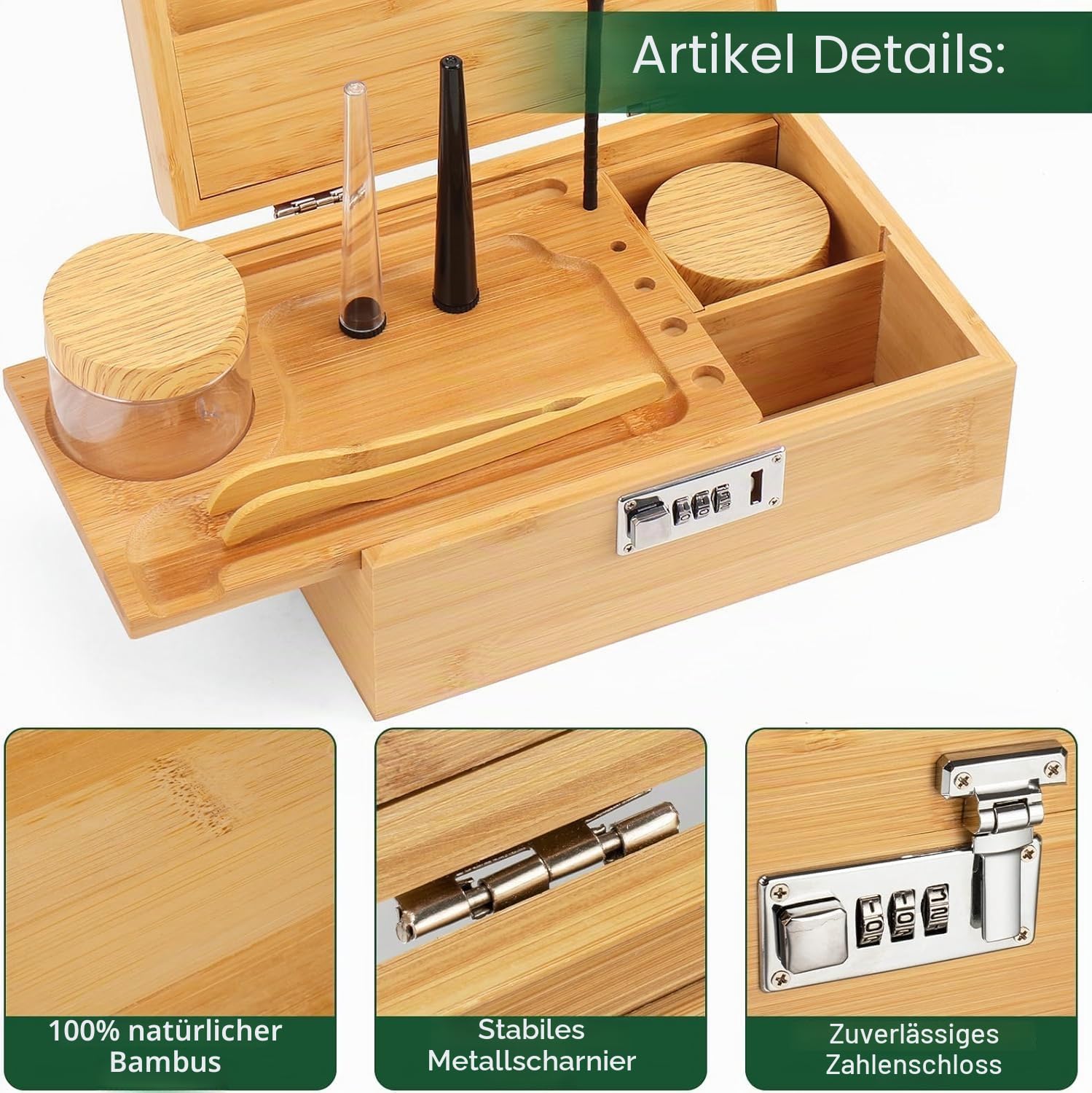 Großes Bambus Box Tablett Set Mit Zahlenschloss,Premium Herausnehmbares Tablett, Und Alles Zubehör(27 * 18 * 15 cm Primärfarbe)
