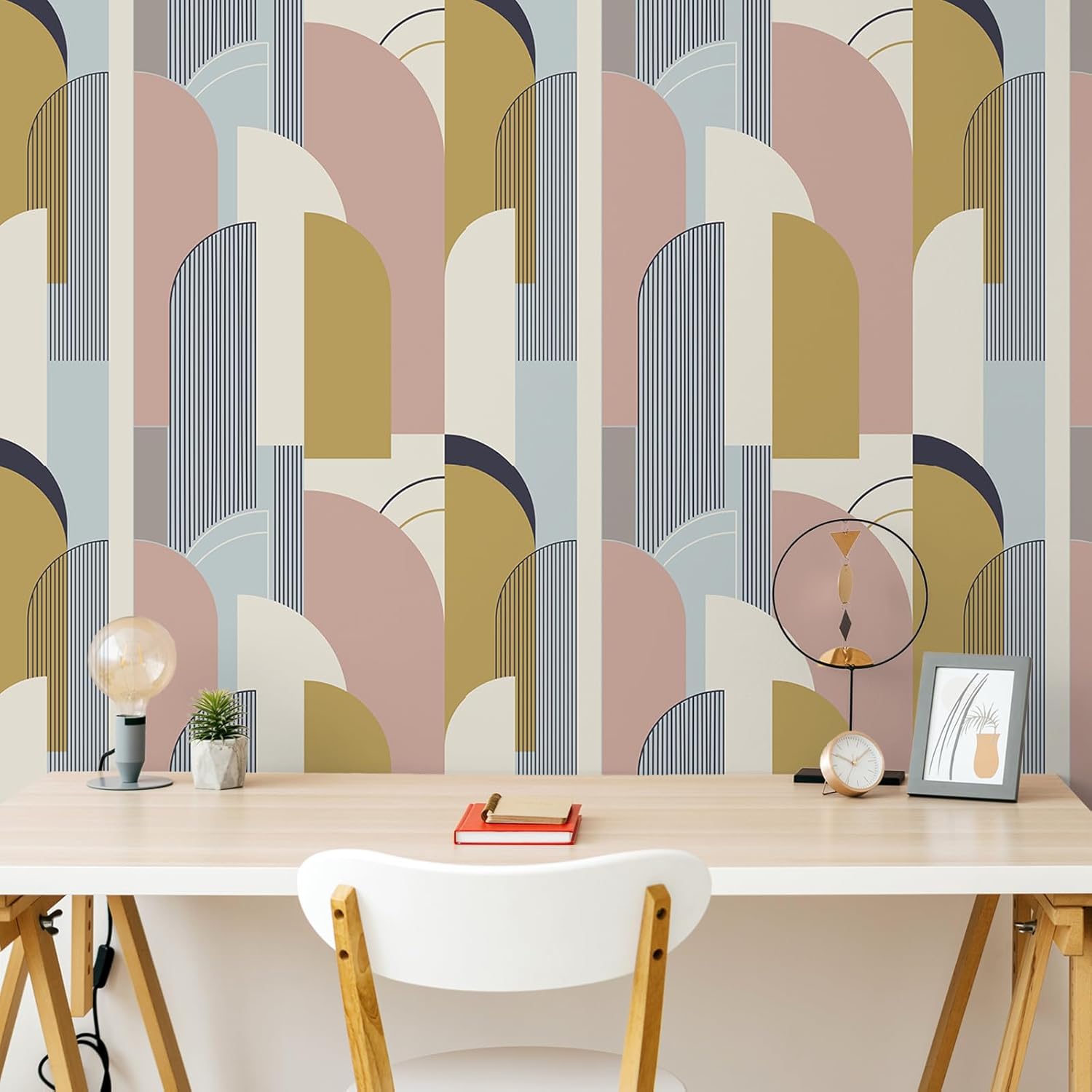 VEELIKE 17.7''x354'' Abstract Arches Geometric Wallpaper Peel and Stick Boho Geometric Contact Paper for Accent Walls Removable Modern Wallpaper Self Adhesive Art Wall Mural for Bedroom Bathroom