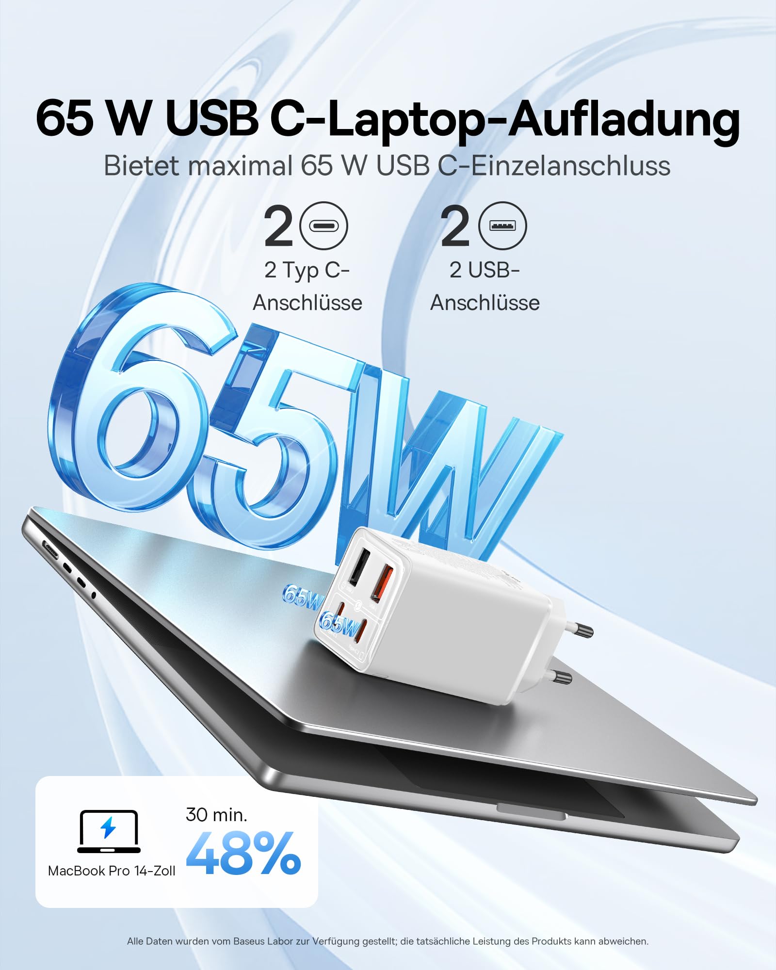 Baseus 65W Caricatore USB C GaN 6 Tech, Caricabatterie USB, Alimentatore USB C Compatibile con MacBook Air/Pro, Surface, iPhone 15/14/13, iPad, Samsung Galaxy S23 Ultra/S23+/S22, Pixel, Bianco