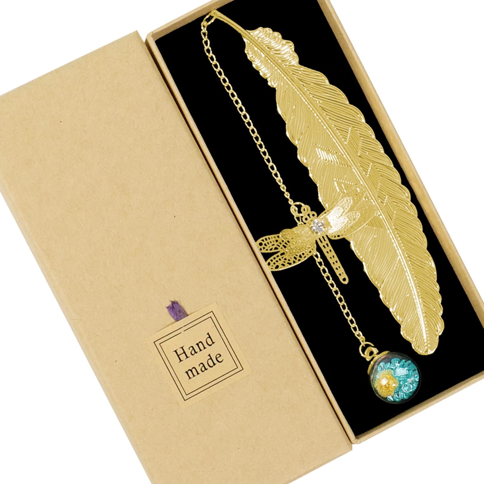 Metal Feather Bookmark for Adults and Kids, Vintage Metal Bookmark with 3D Dragonfly Pendant, Bookmark Gift for Women, Readers, Teacher, Kids