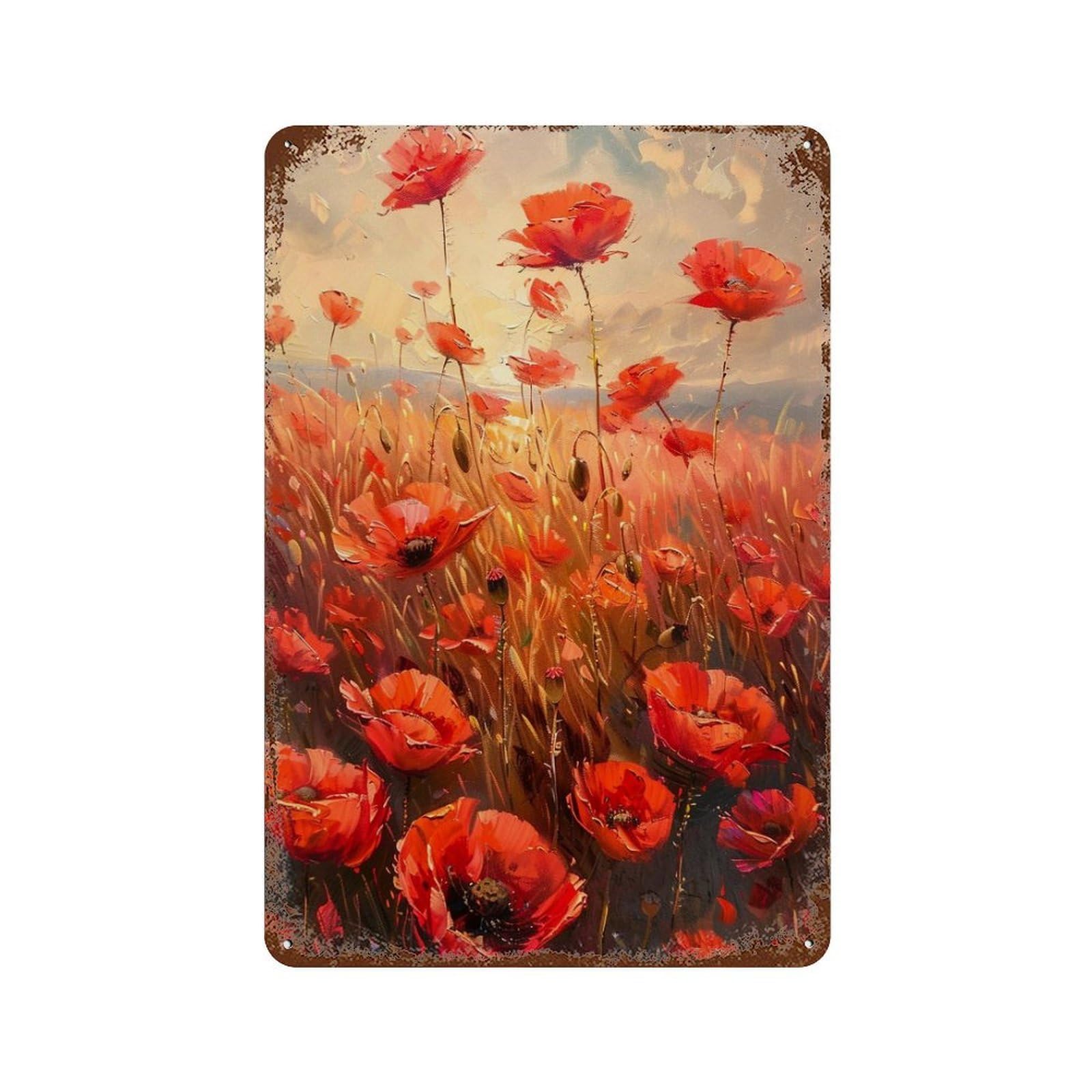 Poppy Field Painting 11.8"x7.9" Distressed Metal Wall Sign, Shabby Chic Decor for Shed, Workshop And Garage Wall Decor