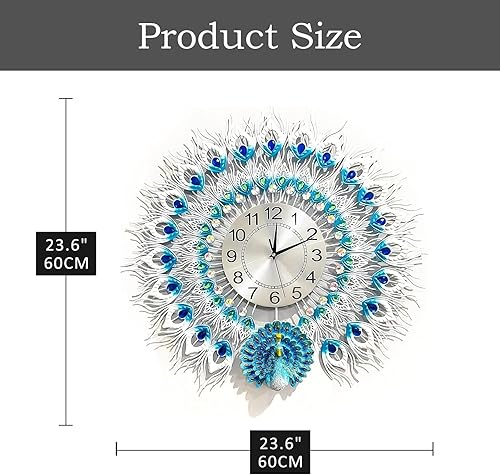 Miniatura 2 de Gran reloj de estilo pavo real para pared, silencioso, no hace tictac, digital, artístico, para decorar la sala o una habitación, de 23.7 pulgadas,