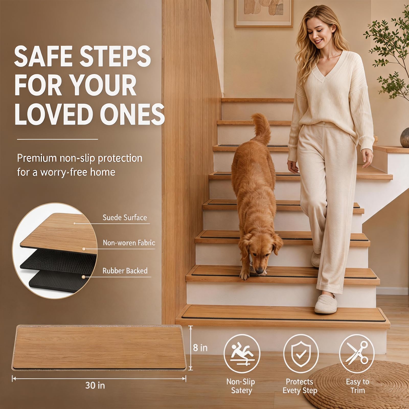Aucuda Lot de 15 tapis d'escalier autocollants pour marches en bois, 76 x 20 cm, antidérapant, pour protection des escaliers, tapis d'escalier pour personnes âgées et animaux domestiques (modèle 1)