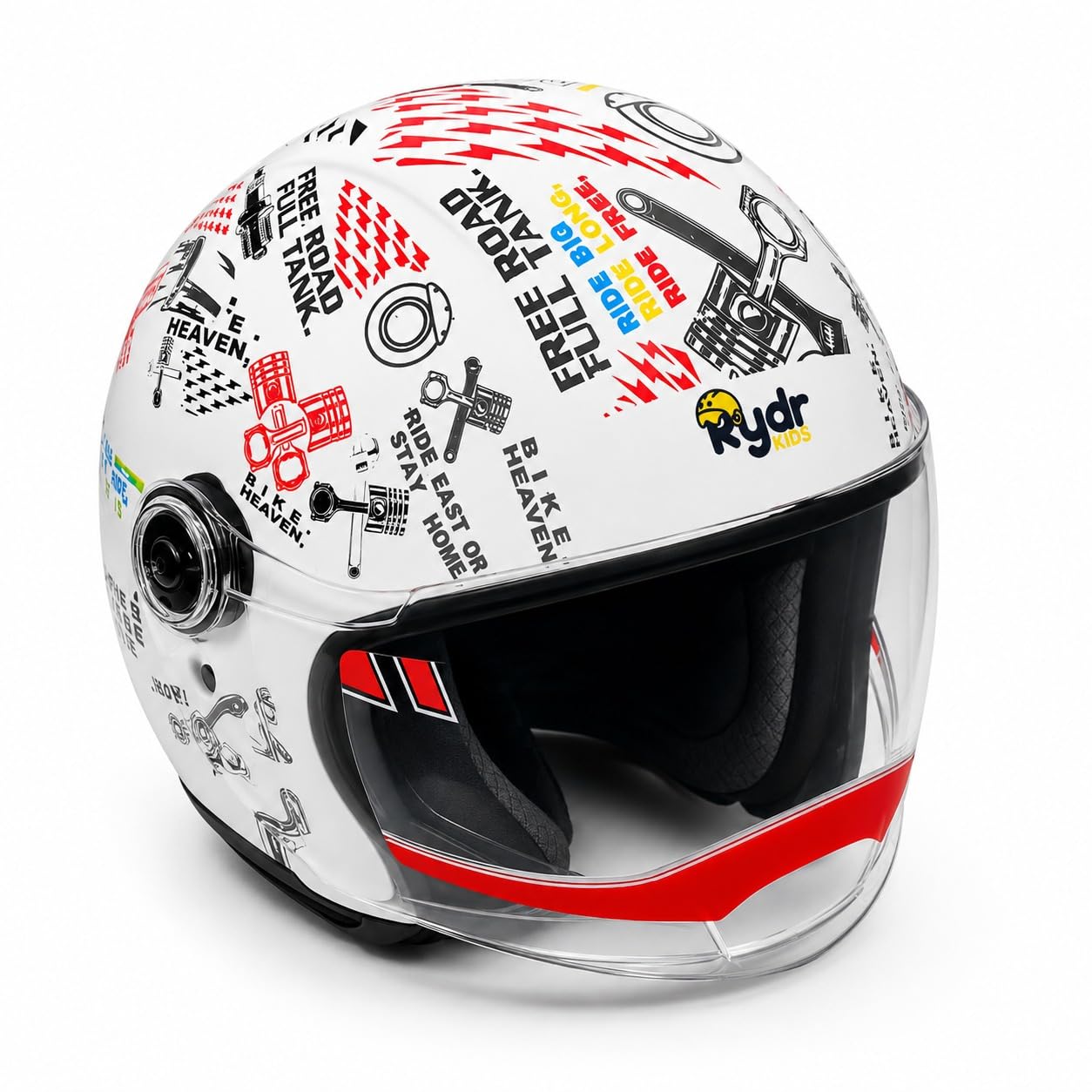 RYDR A Doodle White Graphic Half-Face Helmet for Men & Women with Balaclava, Helmet Bag & Arm Sleeves Combo-image-1