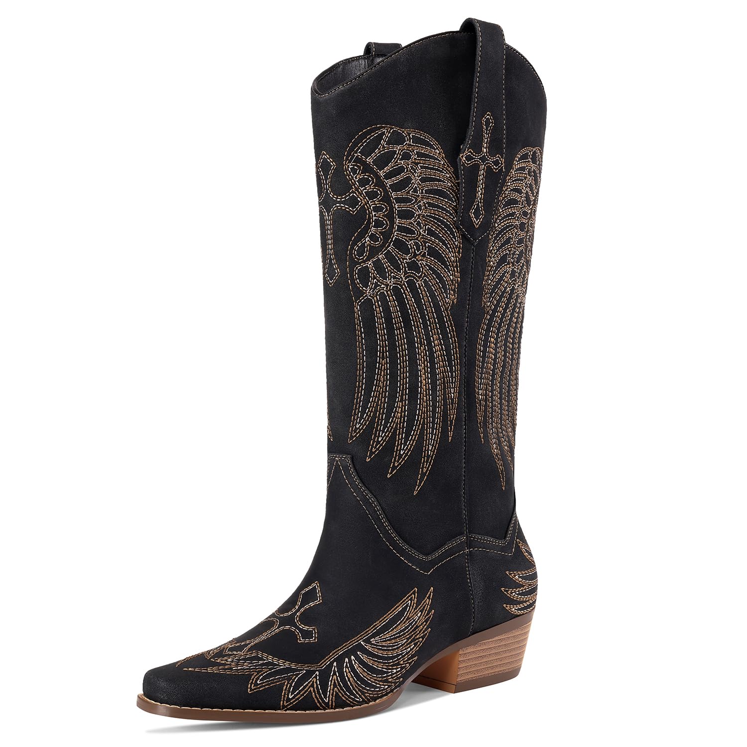 Womens Knee High Boots Cowboy Cowgirl Tall Western Boots Pull On Square Toe Low Chunky Heel Retro Dress