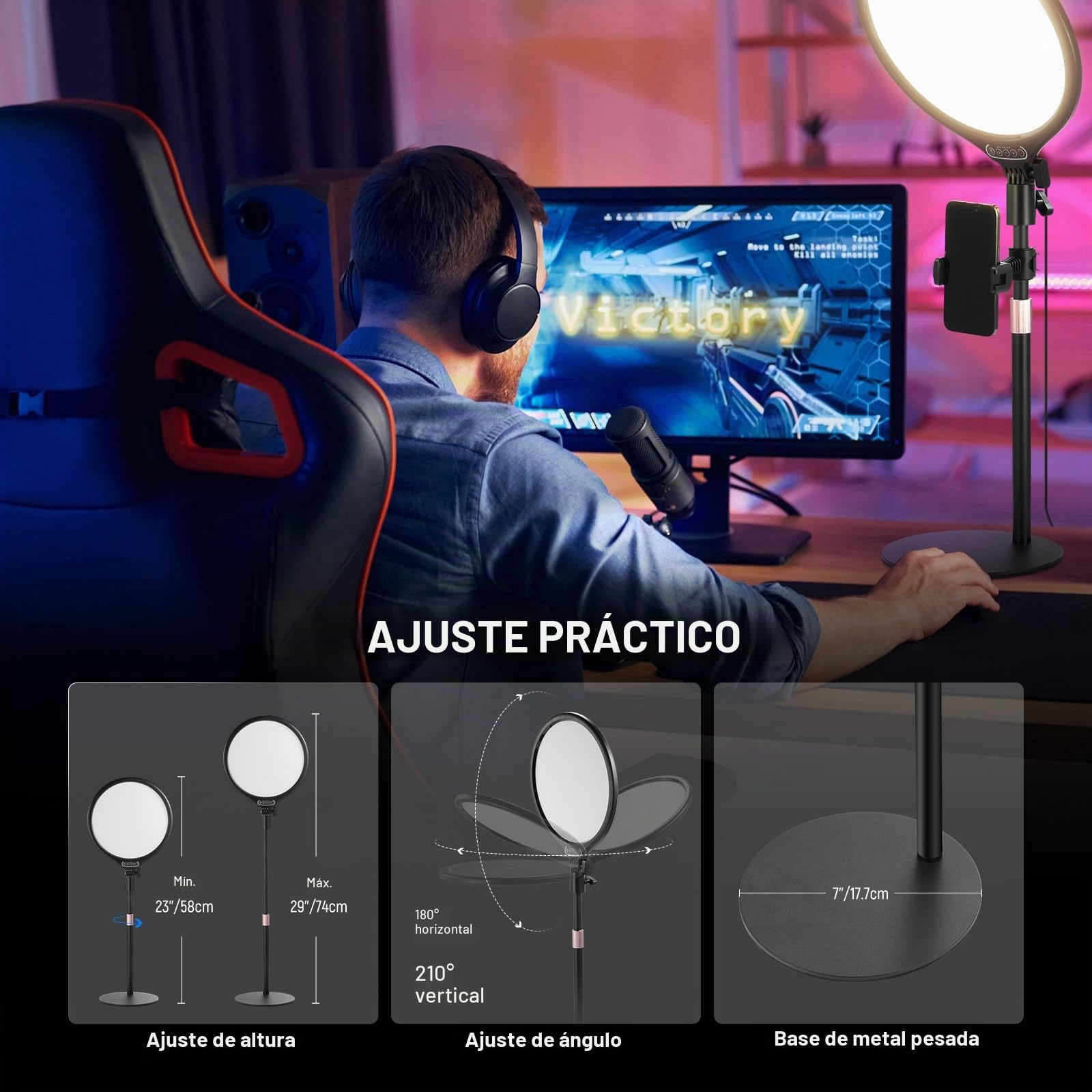 NEEWER Básico 10.5" Aro Luz Escritorio con Soporte/Movil Holder/Timer Foco Completo 15W Regulable Selfie para iPhone Grabar Streaming Webcam Portátil Videoconferencia Fotografia, USB A Power SOLO, R10