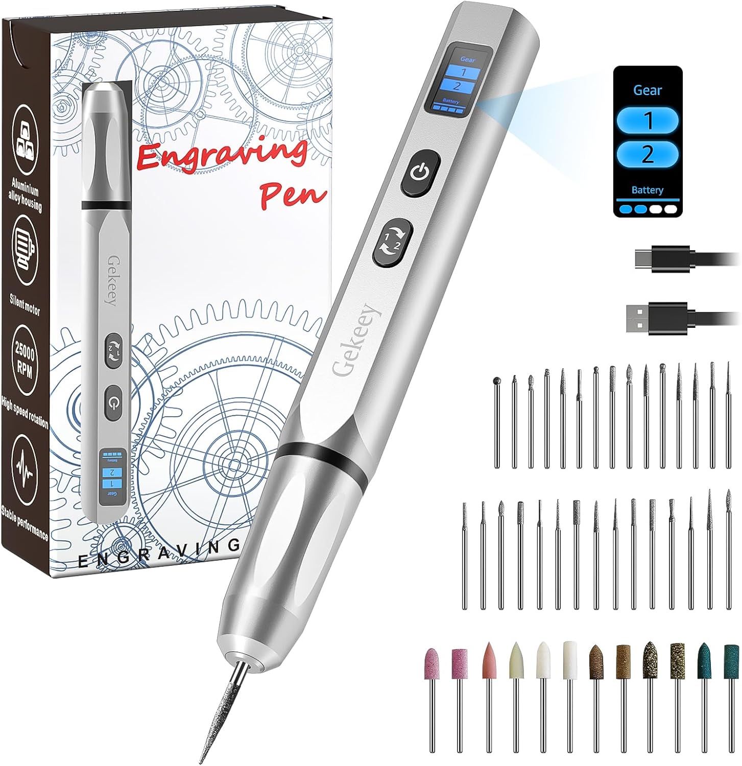 Electric Engraving Pen, Cordless Rechargeable Mini Rotary Tool with 42 Bits, Aluminum Body, Variable Speed, Portable Engraver Pen for Metal Wood Glass and Plastic, Silver