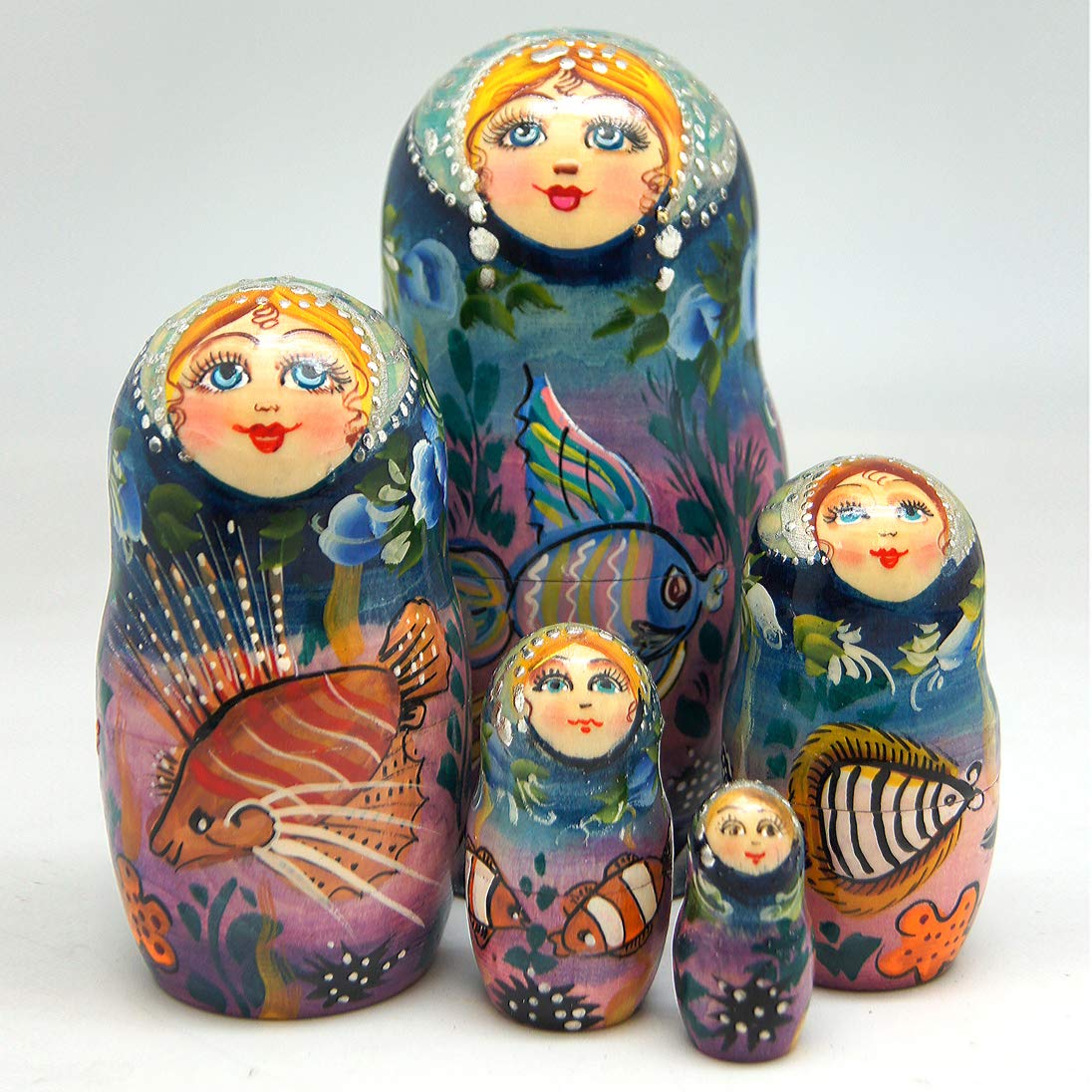 “Sea Princess” Large 5-Nest Doll Russian Matryoshka Wooden Stacking Nested Dolls Wooden Handmade Toys Gift for Children Christmas Mother’s Day Birthday Home Decor Wishing Gift 1301160
