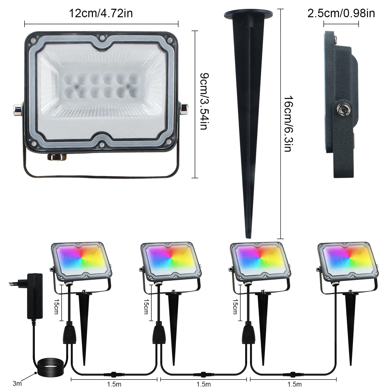 RGB LED Strahler 10W, 4 Stück Rgb flutlicht, RGB Außen Strahler IP66 Wasserdichter, LED Gartenbeleuchtung mit Fernbedienungfür Hof Garten Baum Landschaft Rasen Weg- (24V)