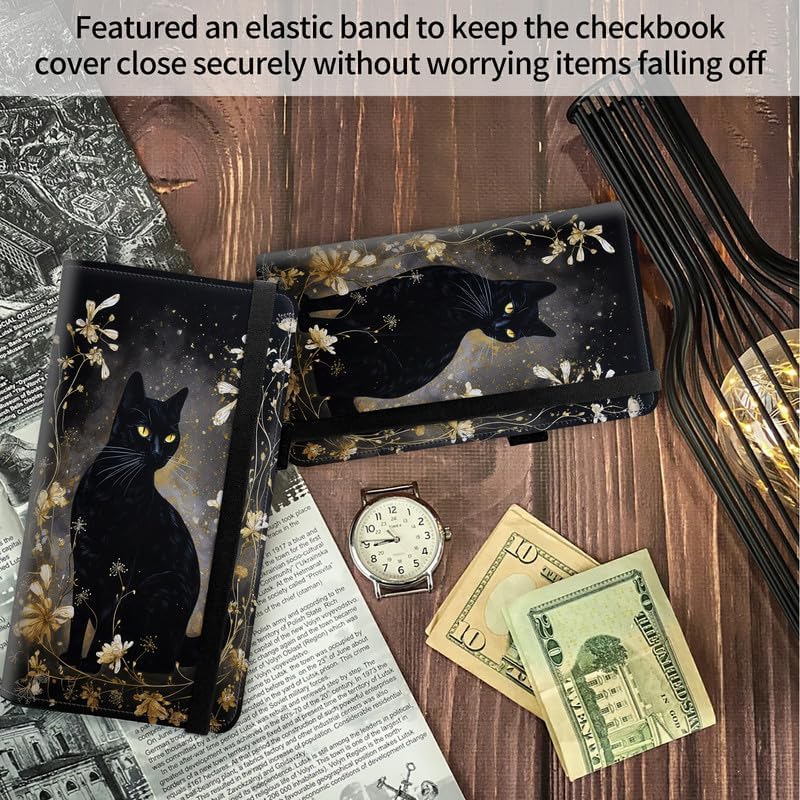 Image of FUYOCWE Leather Checkbook Covers for Men Women Check book Holder Cover Wallets for Personal Checkbook Duplicate Checks with RFID Blocking & Elastic Strap,Black Cat with Gold Floral