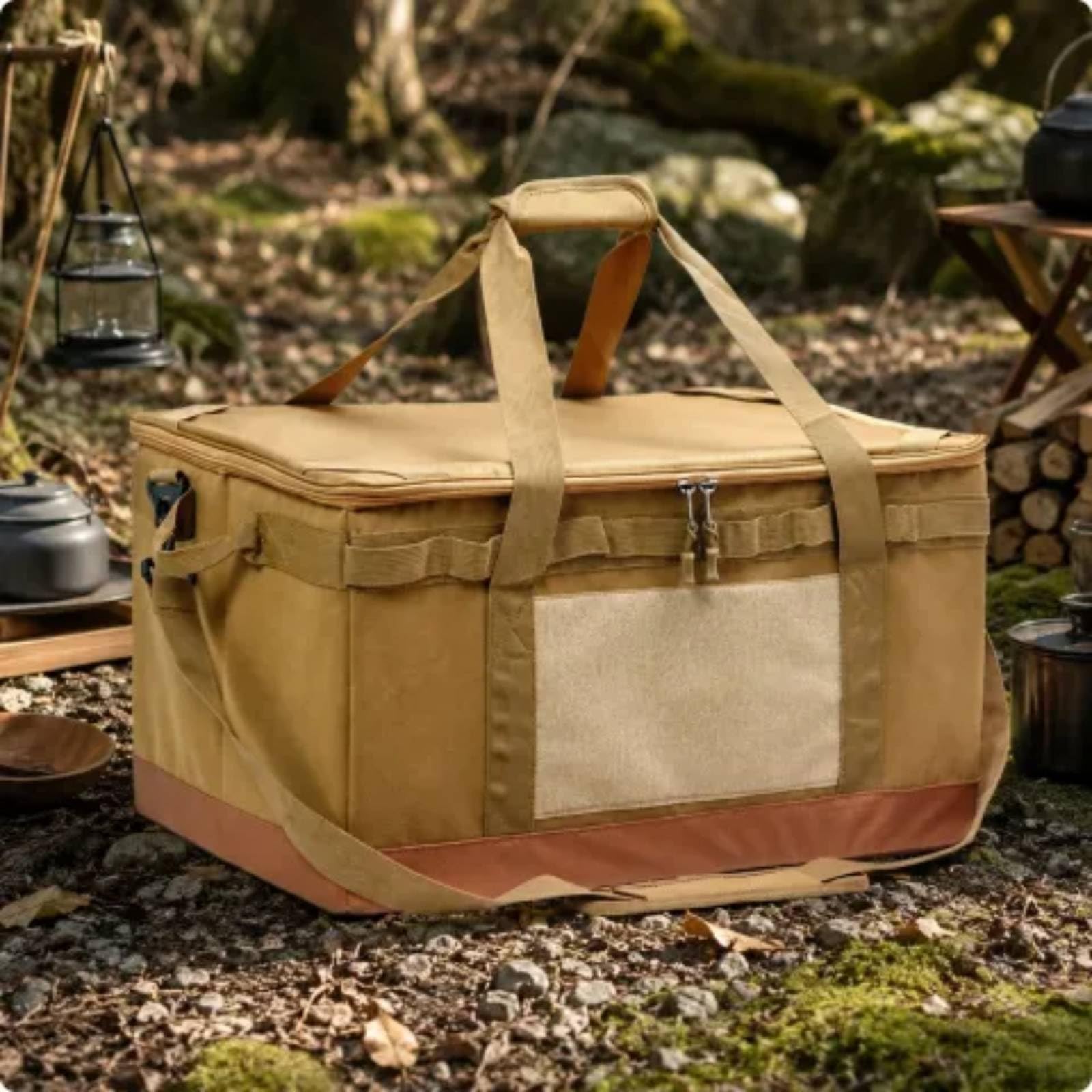 predolo Faltbare Camping-Aufbewahrungsbox mit 60 Liter Fassungsvermögen hartwandig faltbare Aufbewahrungsbox mit Deckel vielseitig einsetzbar für Campingplatz, Khaki