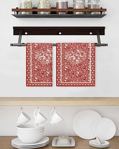 Miniatura 3 de Kitchen Towel 2 Packs Cotton Waffle Weave, Red Love Heart Floral Textured Valentine's Day 16 x 24 Inch Absorbent Quick Drying Dish Towels Clothes