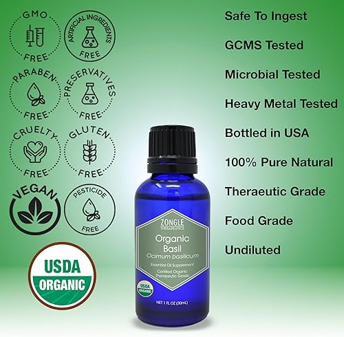 Miniatura 3 de Aceite esencial de albahaca orgánico, grado alimenticio  100% puro, aceite de albahaca, por Zongle Therapeutics, 1 OZ