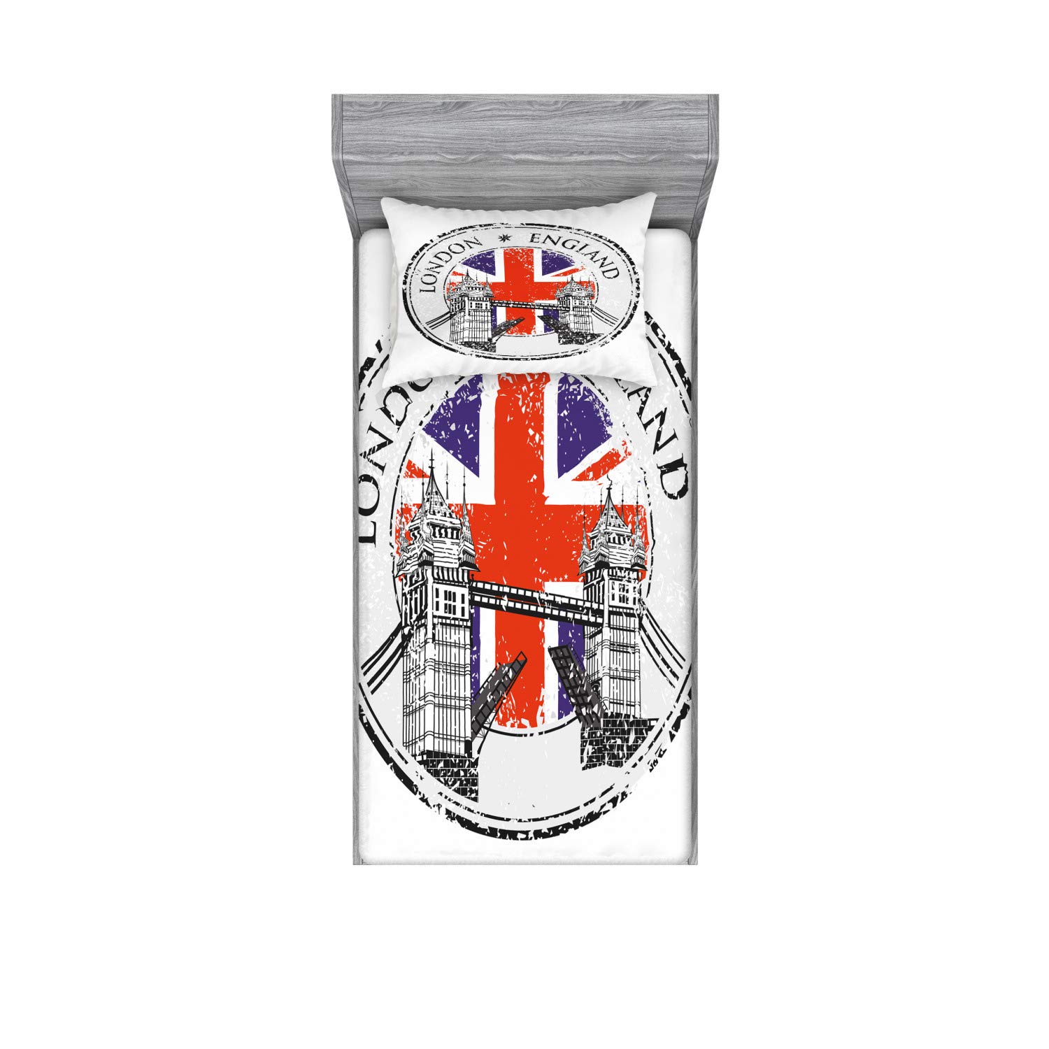 AmbesonneBritish Fitted Sheet & Pillow Sham Set, London England Grunge Stamp Flag Nostalgic National Graphic, Decorative Printed 2 Piece Bedding Decor Set, Twin, Grey Navy