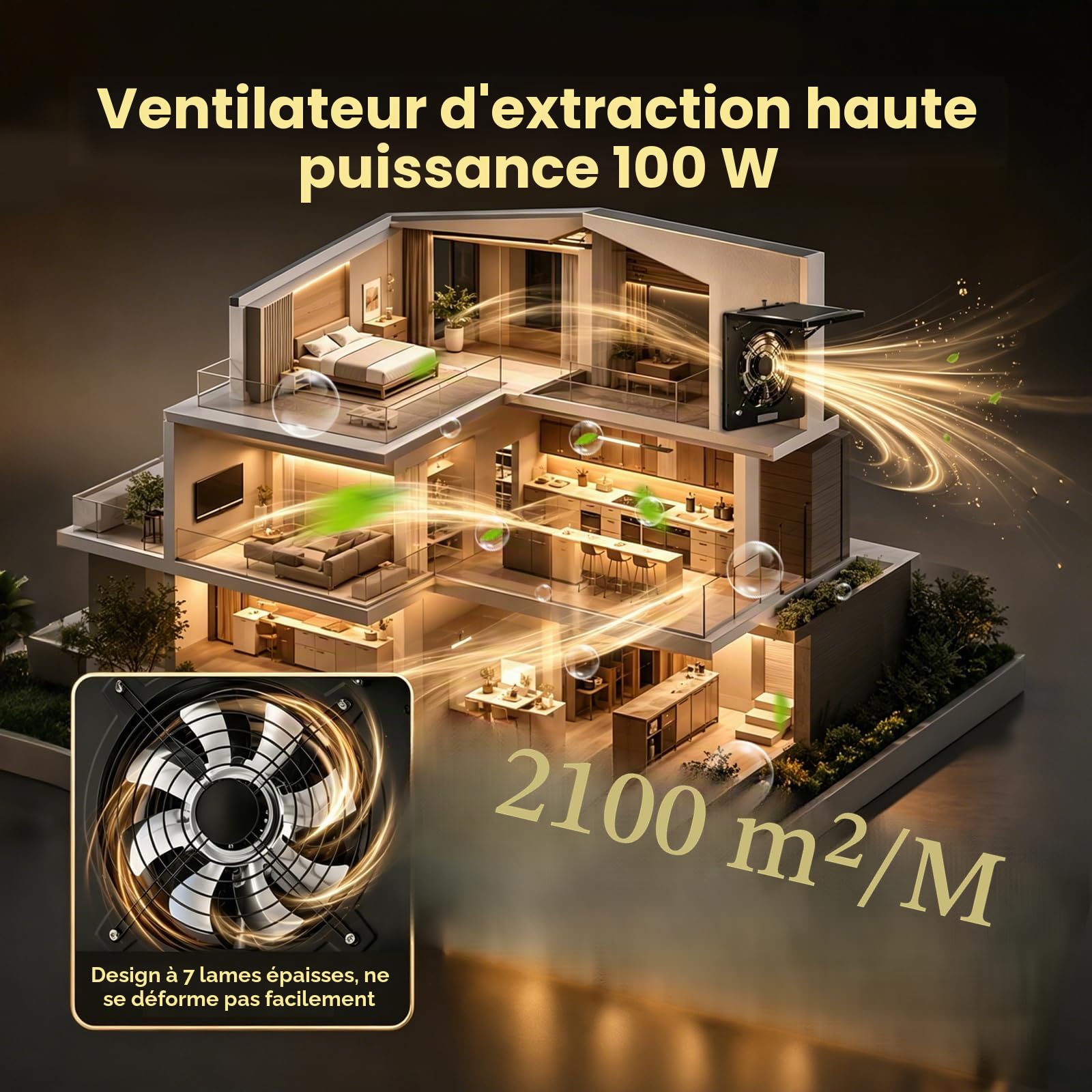 Ventilateur extracteur 250 mm, clapet de retour, régulateur de vitesse, système de collecte automatique d'huile, ventilateur mural silencieux pour salle de bain, cuisine, garage, cave, noir