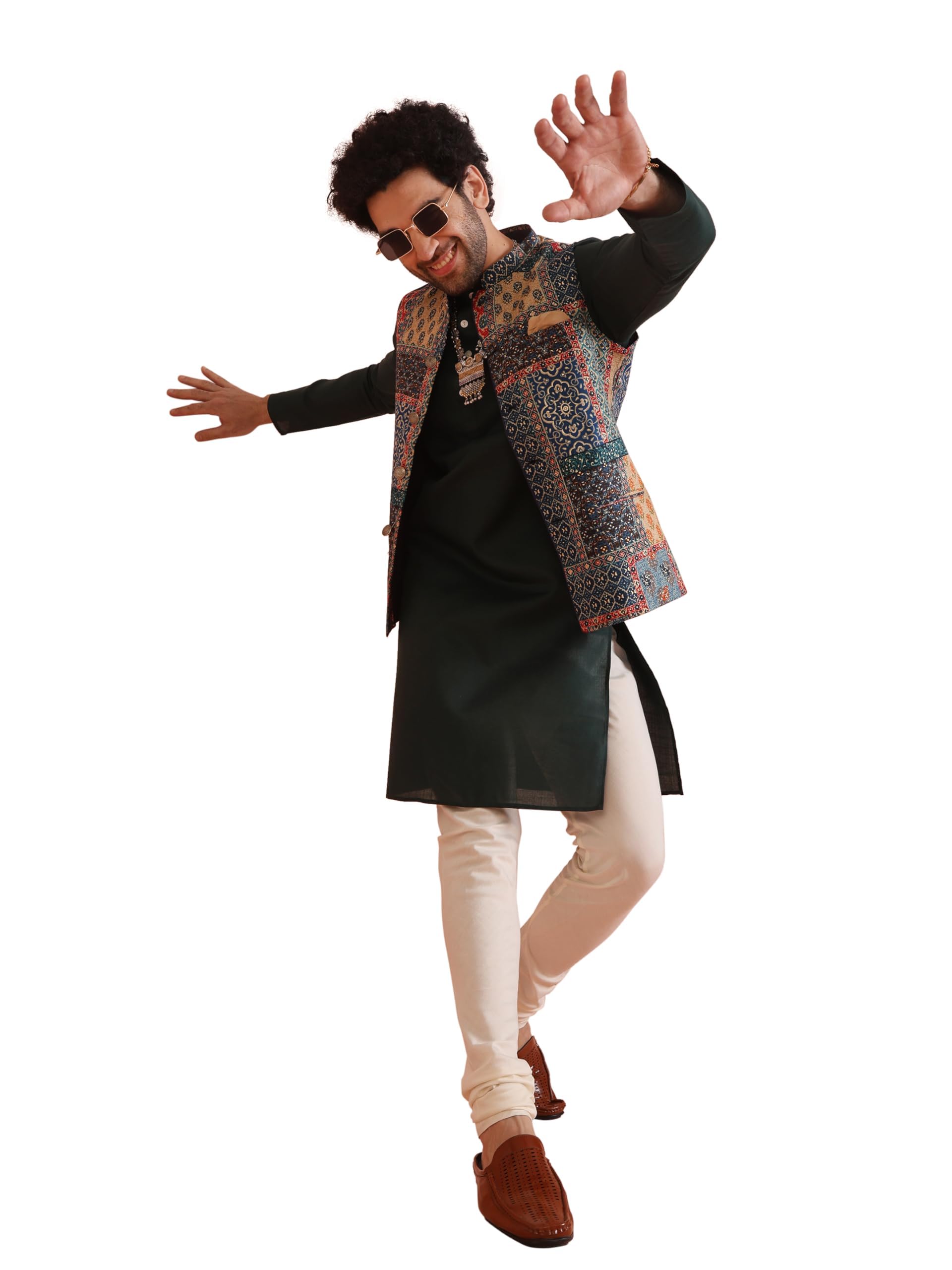 Men's Kurta Jacket Dhoti Set, Black Cotton Blend, Jacquard Regular Fit Mandarin Collar Long Sleeves-image-25