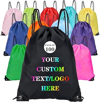 Custom Bags With Your Logo Set of 100 Custom Backpack Draw String Bags Pack Bulk for Travelling Swimming Gym Everyday Use (Black)