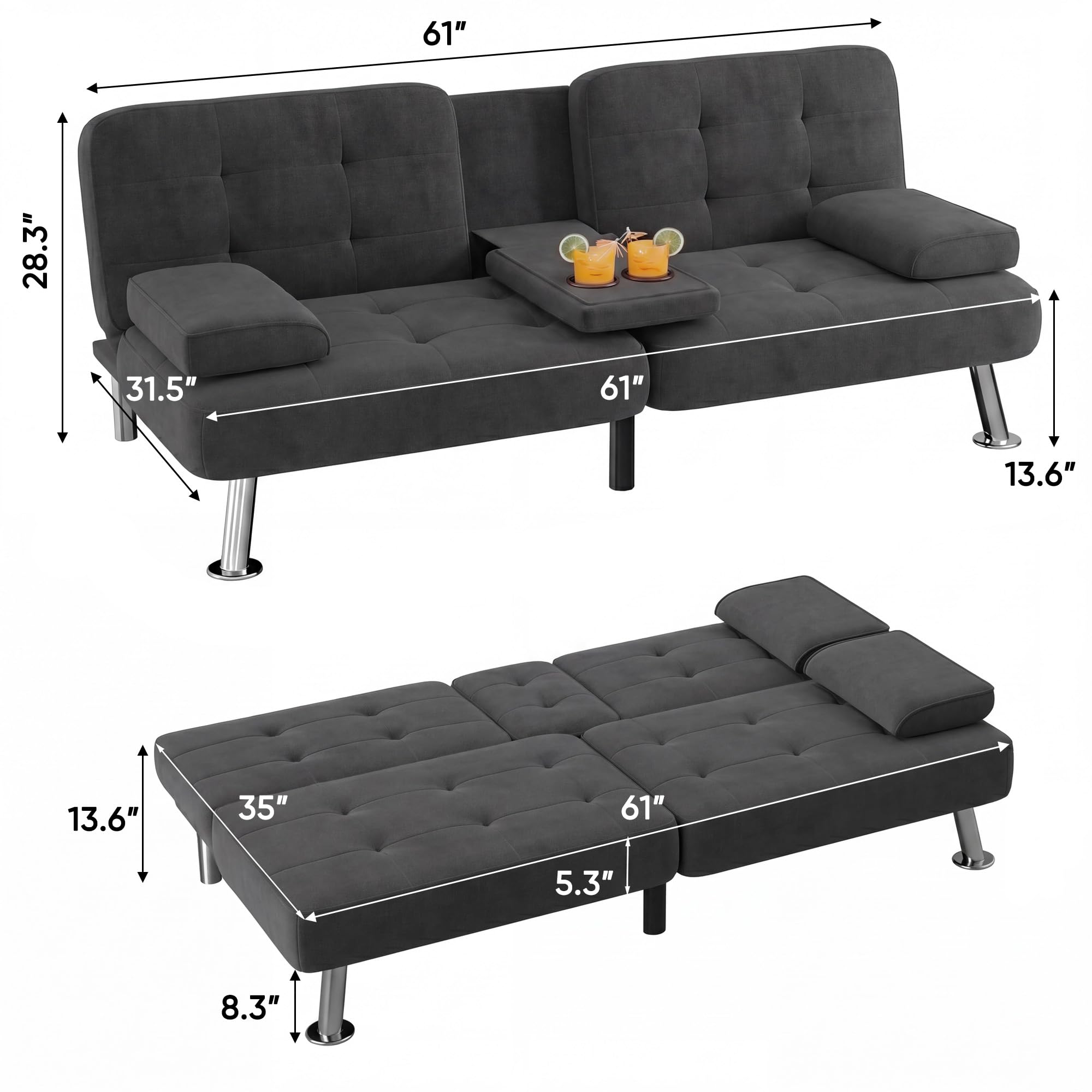 Flamaker Futon Sofa Bed, Modern Linen Convertible Folding Futon Set | Adjustable Sleeper Sofa with Removable Armrests & 2 Cup Holders, Recliner Lounge for Living Room, Apartment | Carbon Black