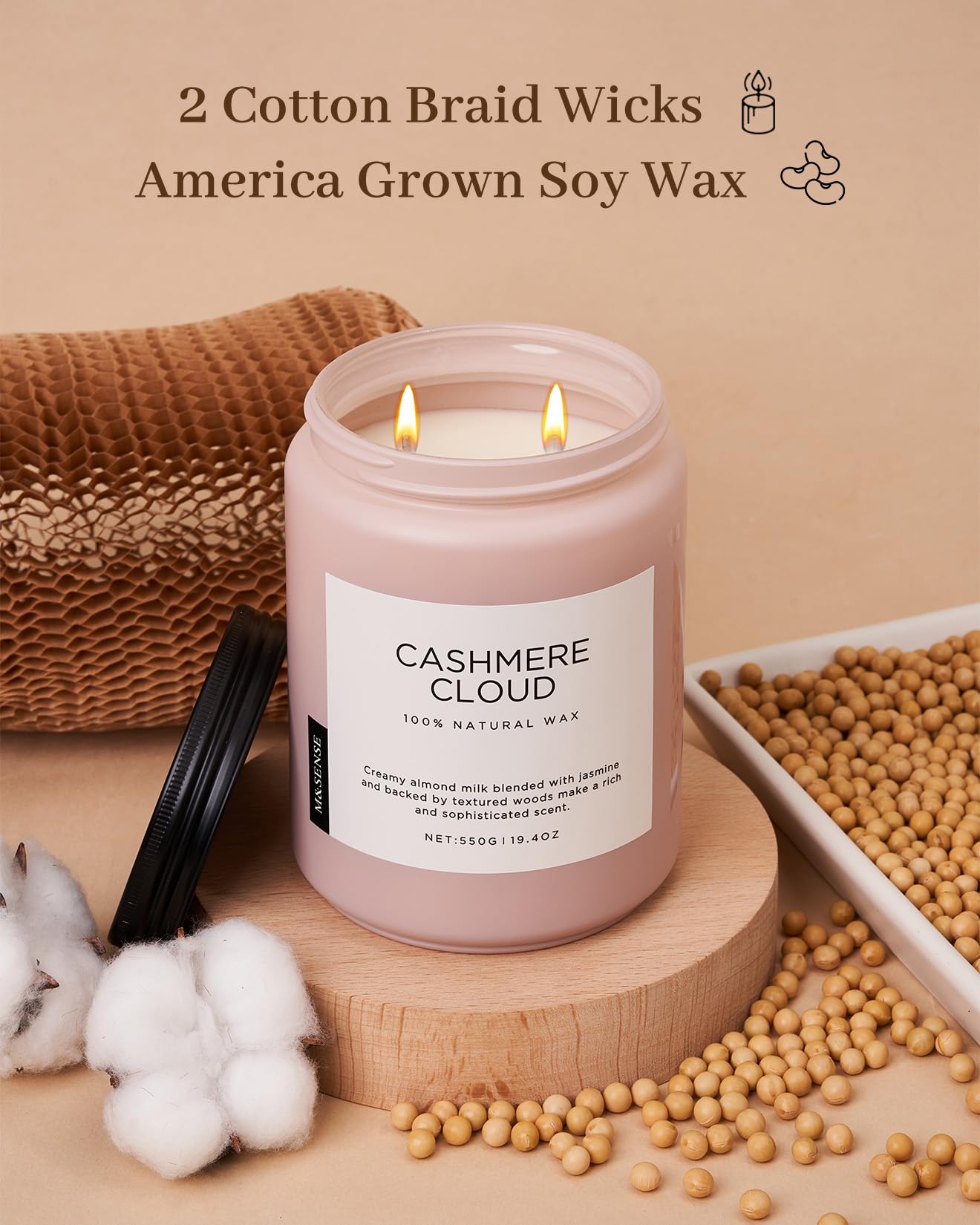 M&SENSE Cashmere Cloud Soy Candles Strong Scented, 2 Wick Jar Candle 550g 110 Hour Long Lasting - Image 3