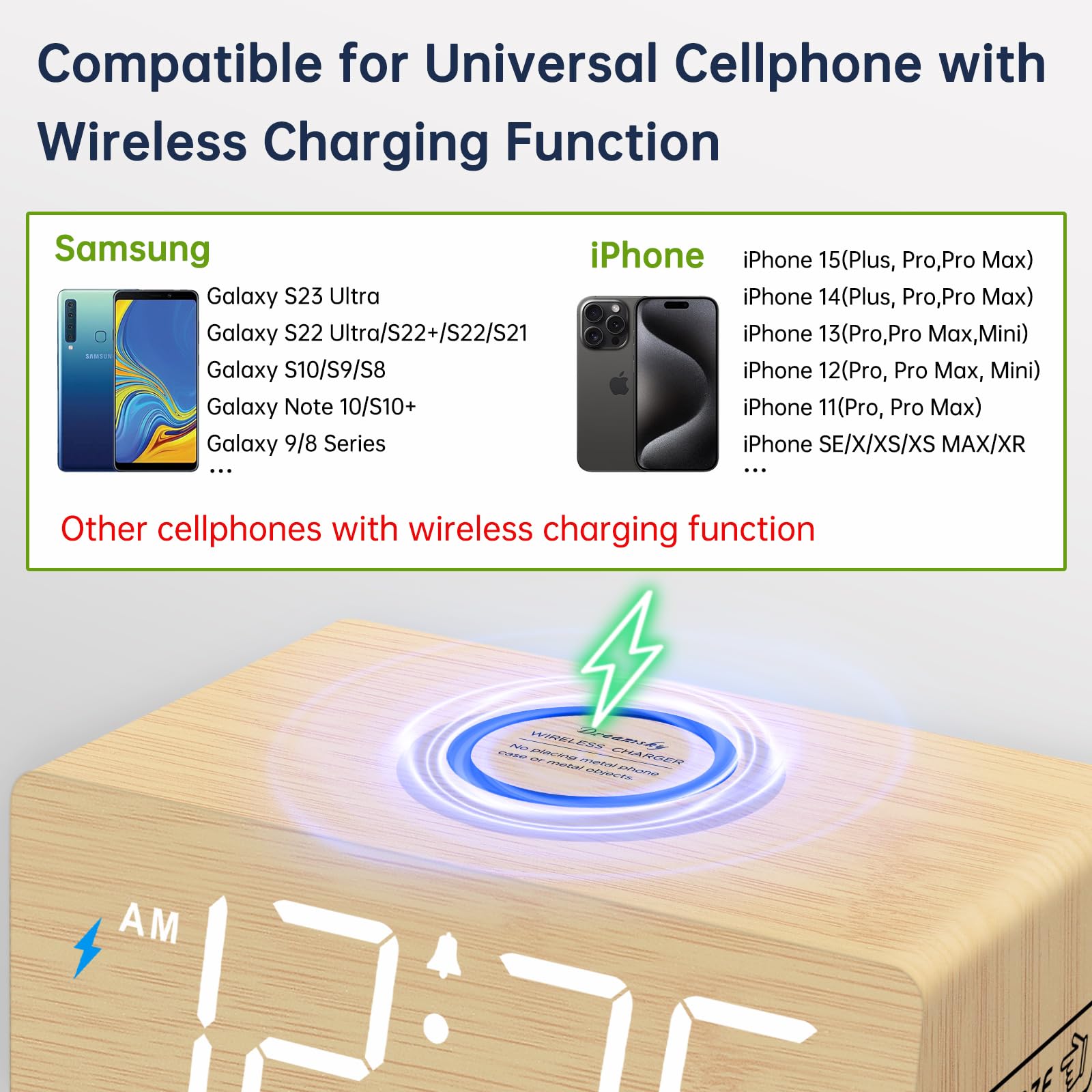 DreamSky Reloj despertador digital de madera con carga inalámbrica para dormitorio | Reloj de mesita de noche con estación de carga, puerto USB, números grandes, volumen ajustable, regulador de brillo, DST