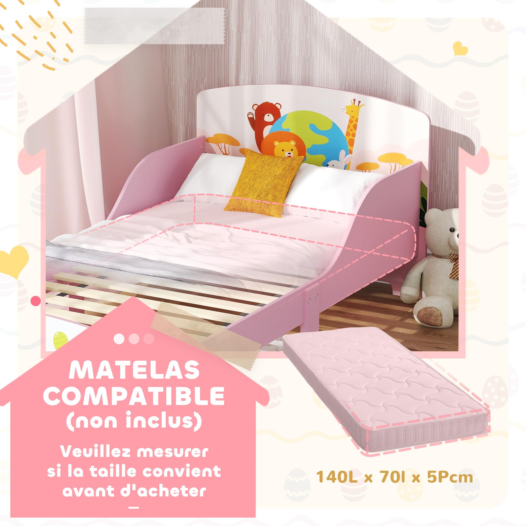 AIYAPLAY Lit Enfant 70x140 cm, Motif Animal, 140 x 70 cm avec Panneaux de Protection latéral Haut et sommier à Lattes en Bois, Design Bas sécurisé, Facile à Monter, Rose