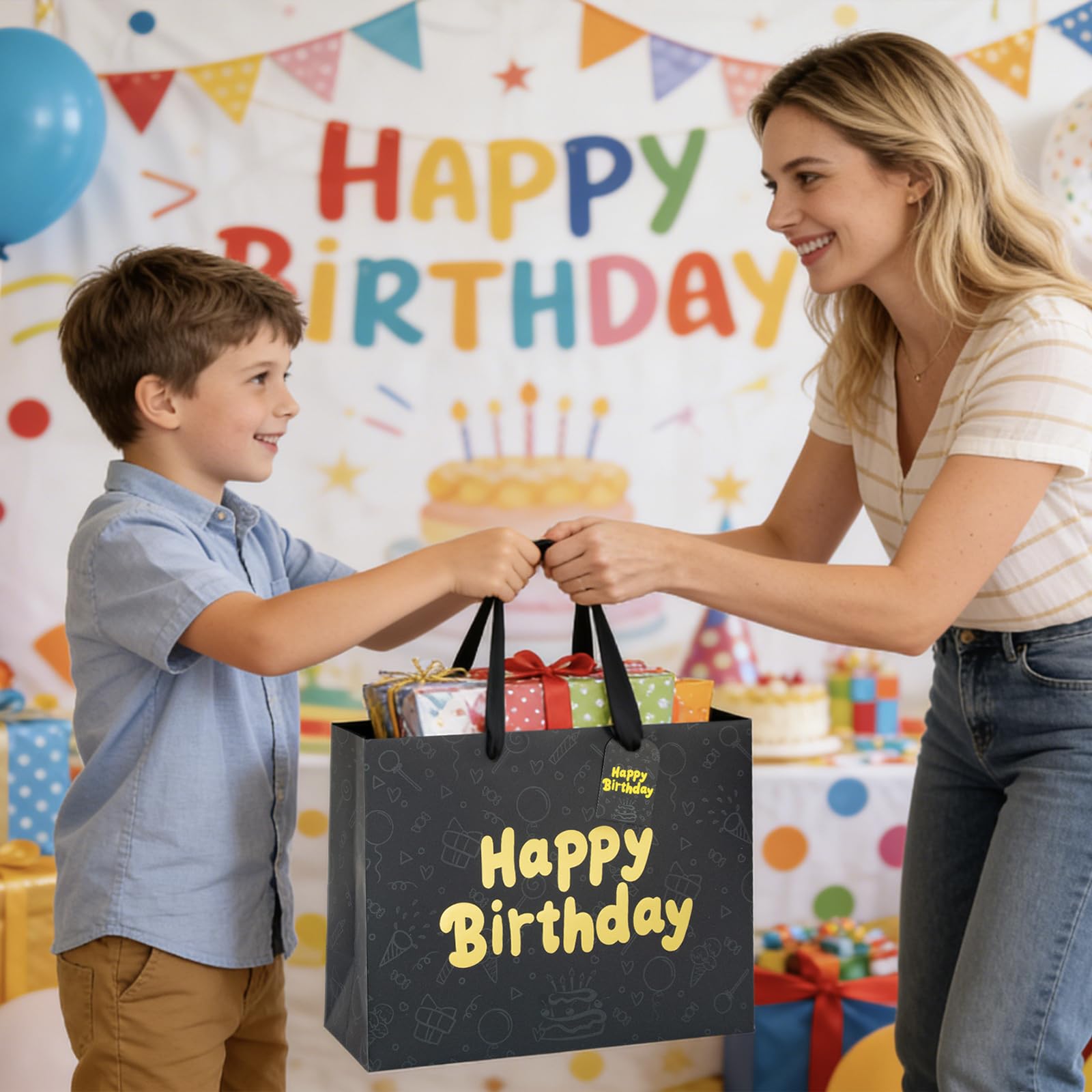 FOREVER 7 STAR Black Happy Birthday Gift Bag With Handles Tissue Papers and Greeting Card,13 Inch Medium Size for Birthday Perfect for Men,Dad,Boy
