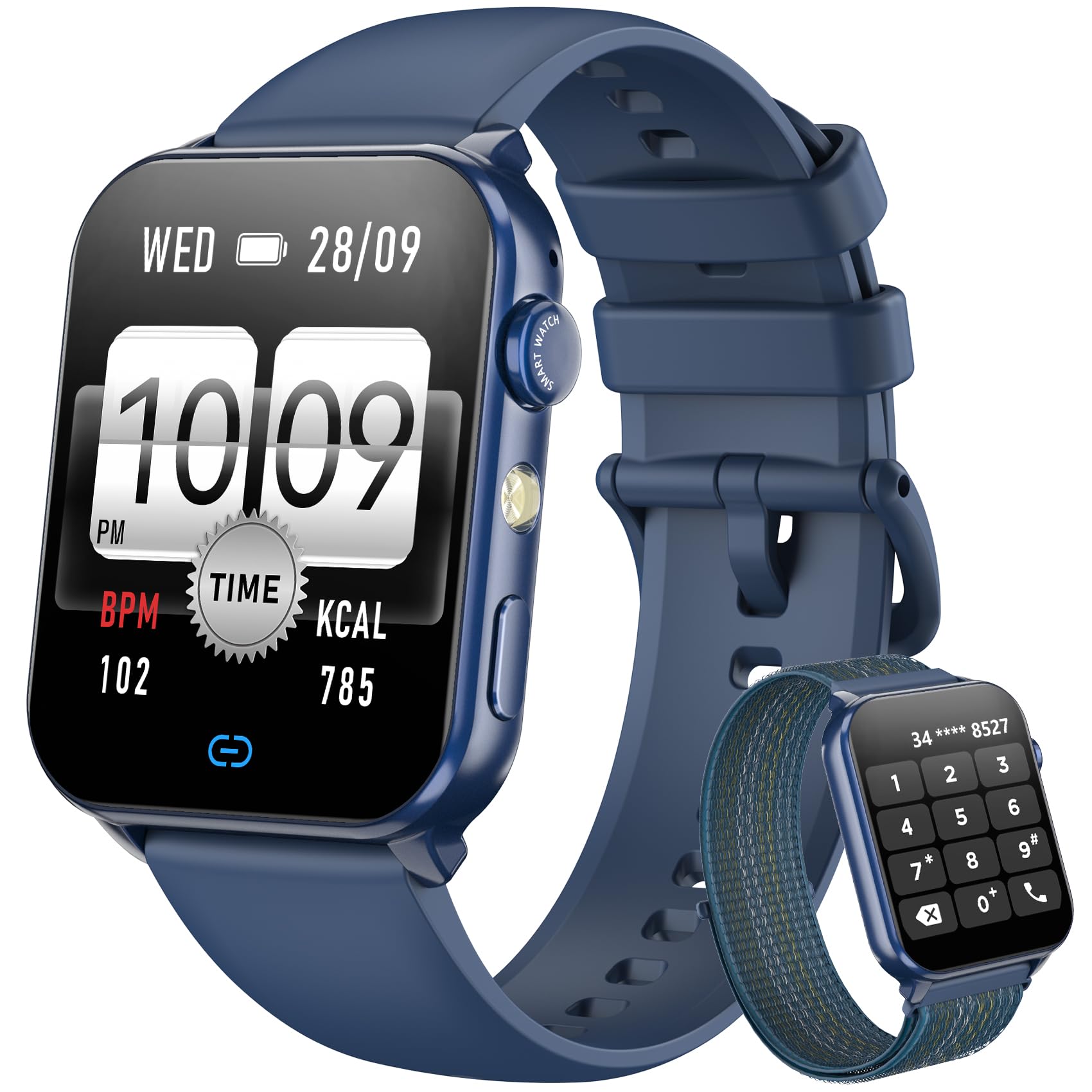 Blackview Smartwatch Herren Damen, Bluetooth-Anrufe/LED-Leuchten/2 Armbänder (Silikon/Nylon), Sportuhr mit Puls-Schlaf-Schritte-Kalorien-Kilometer-Monitor, 350mAh (6+ Tage), Fitnessuhr für Android iOS