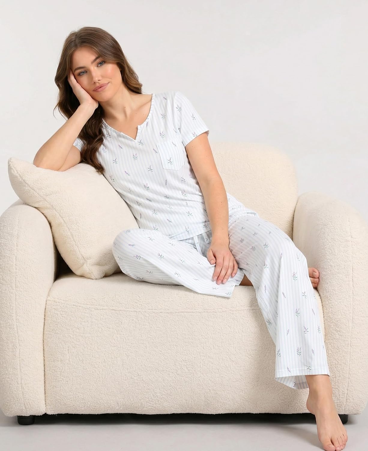LazyCozy Women's Bamboo Viscose Pajama Set - Short Sleeve and Long Pants for Cooling, Comfortable Sleep and Lounge