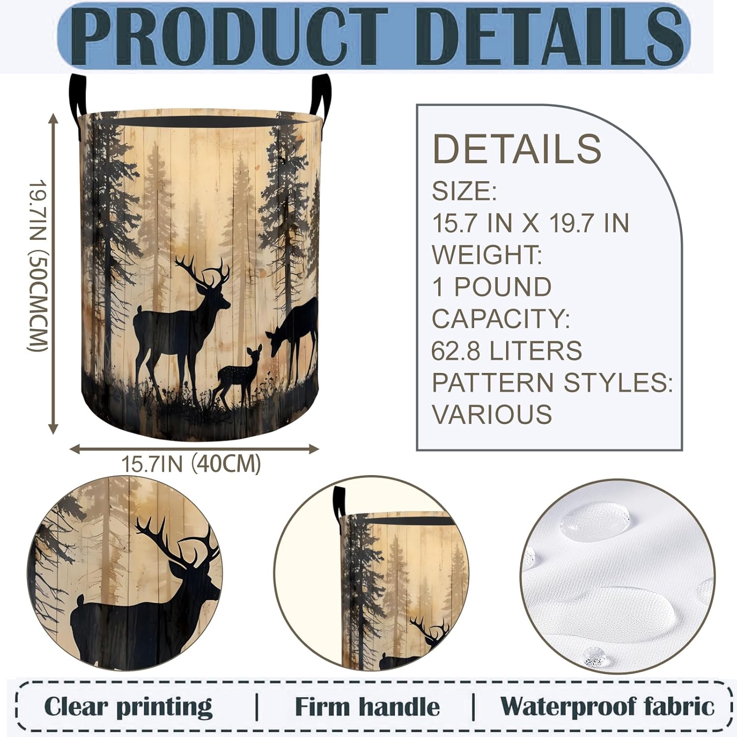 Deer Laundry Basket Hamper 19.7"x15.8", Rustic Forest Elk Foldable Waterproof Oxford Clothes Storage Bucket for Room Bathroom Bedroom Nursery Decor, Toy Organizer Bins Gifts for Kids Boys Girls